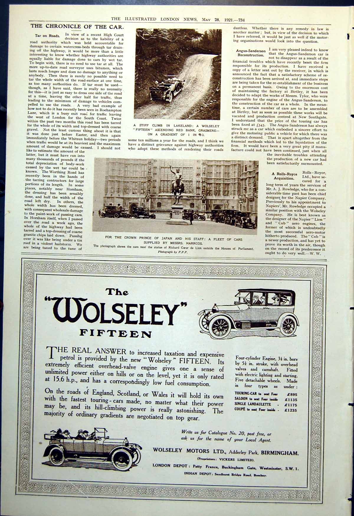 Old Fleet Cars Statue Coeur De Lion Crown Prince Japan Wolseley 1921 20th