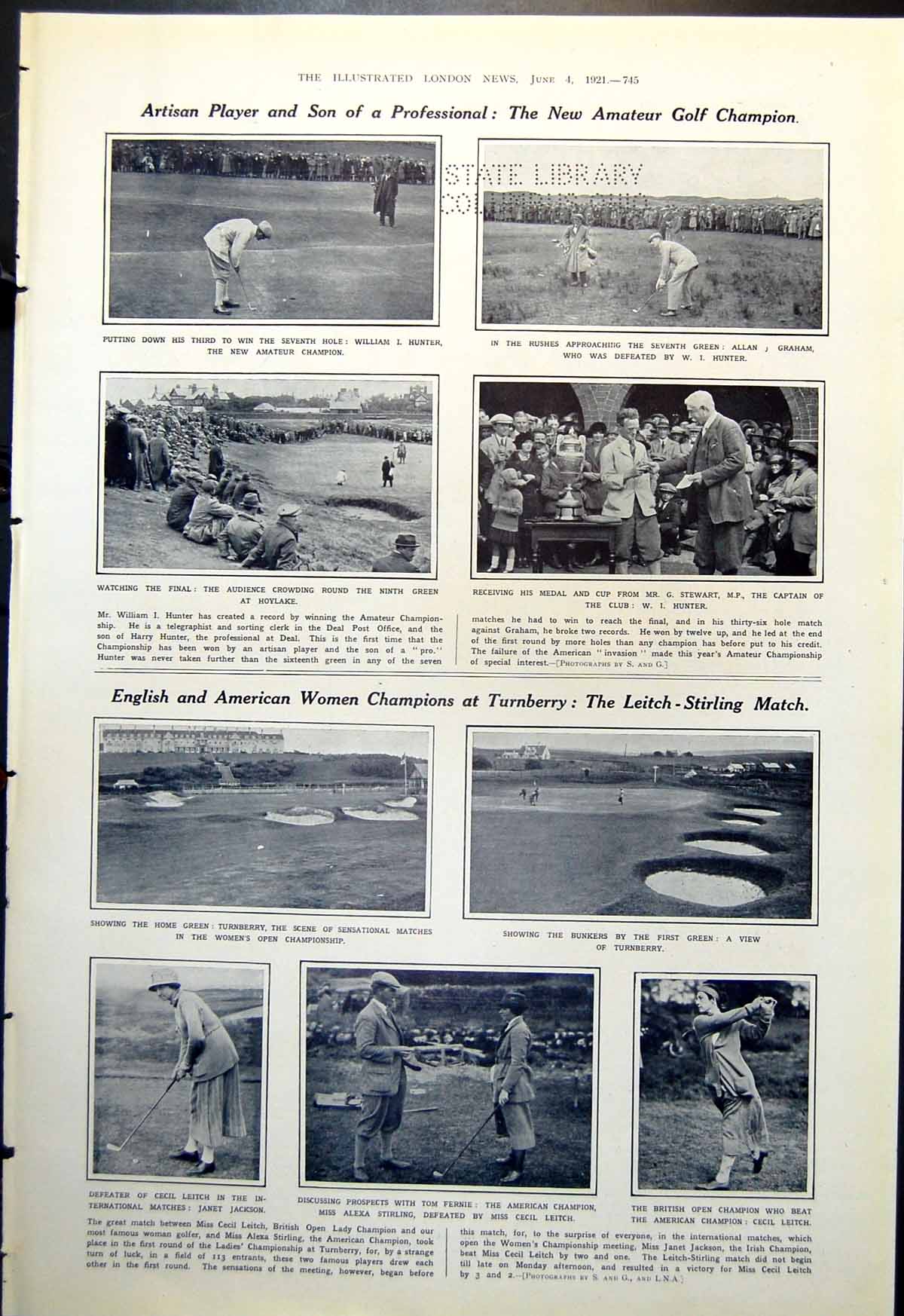 Old Print Amateur Golf Champion Wi Hunter Yankee Court King Arthur 1921 20th