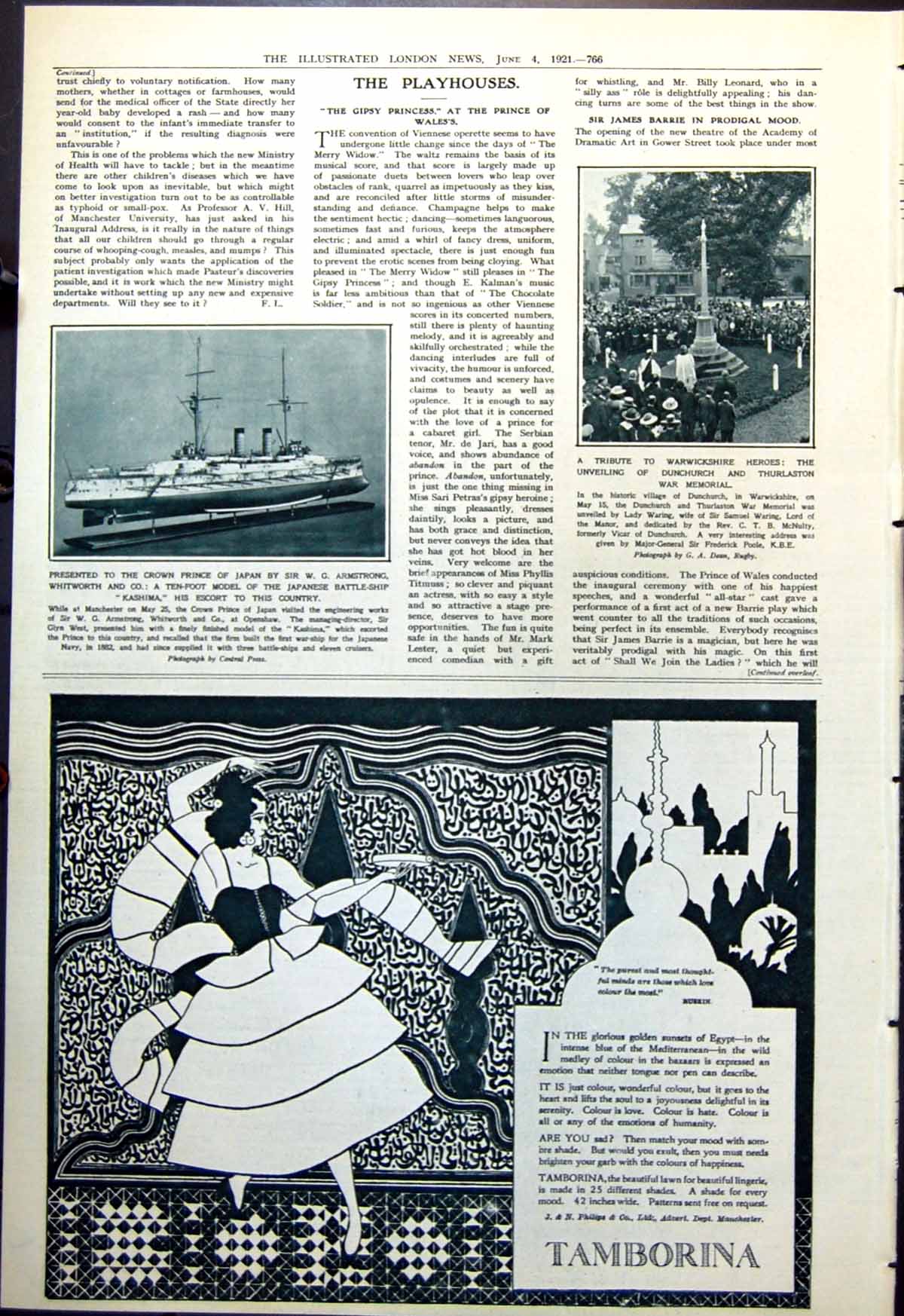 Antique Old Print Model Japanese Battleship Kashima Dunchurch Thurlaston 1921
