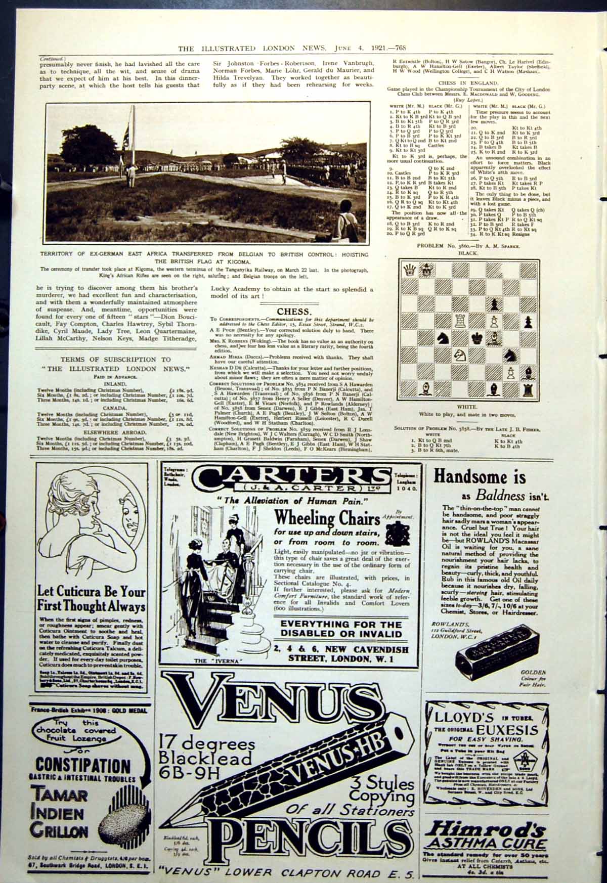 Antique Old Print Hoisting British Flag Kigoma East Africa Chess Adverts 1921