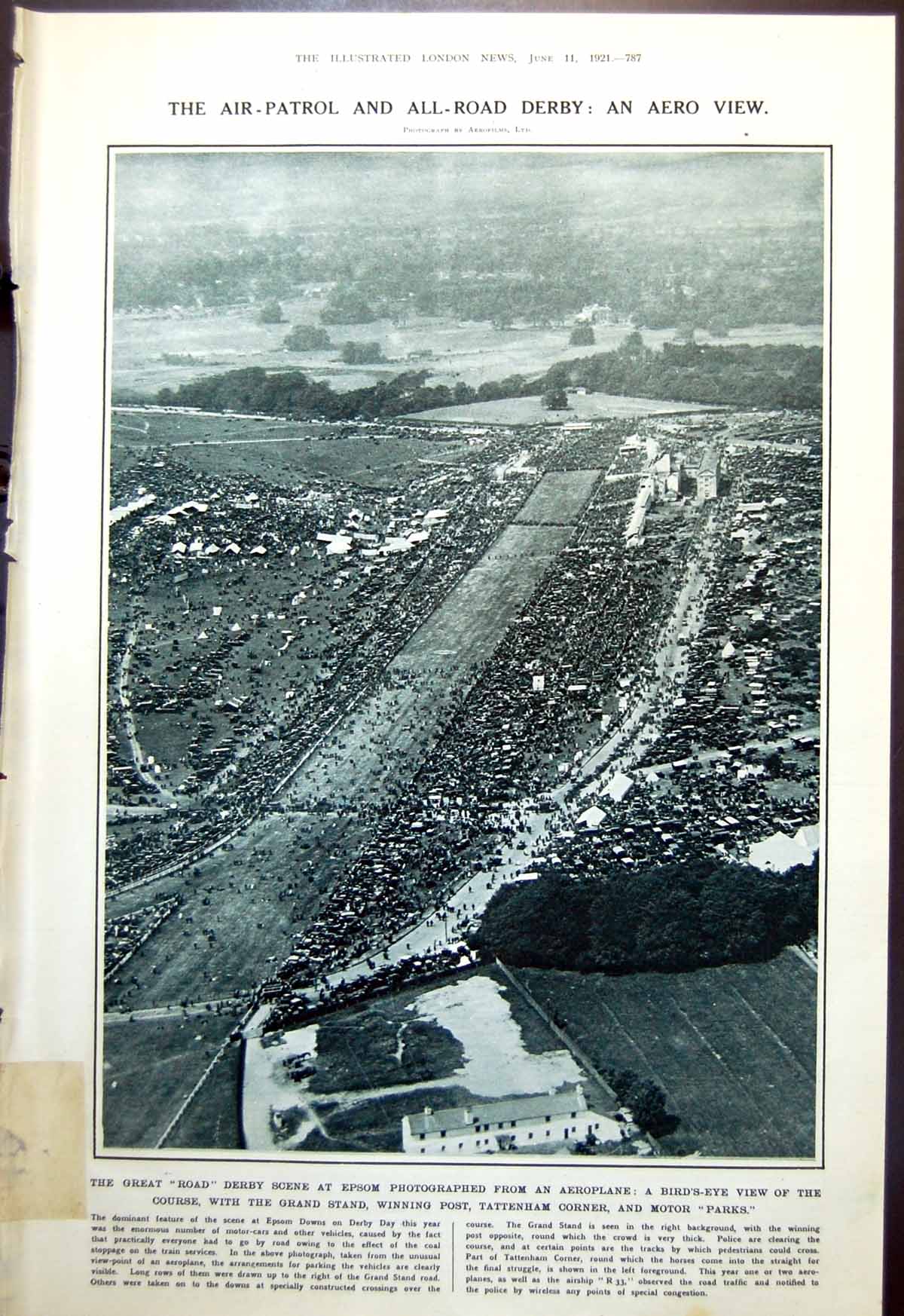 Old Print Aerial View Road Derby Epsom Maria Dalbaicin J Galsworthy 1921 20th