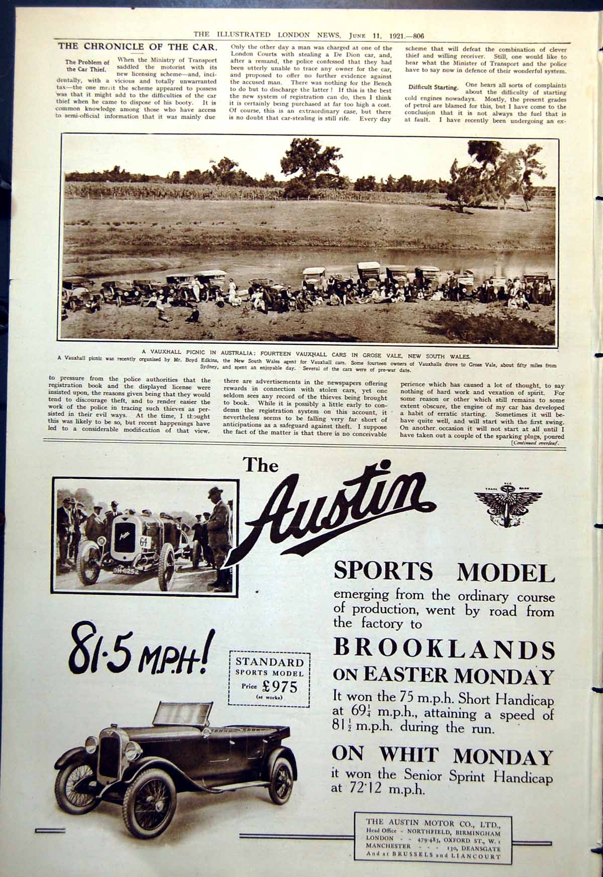 Old Vauxhall Picnic 14 Cars Grose Vale New South Wales Australia 1921