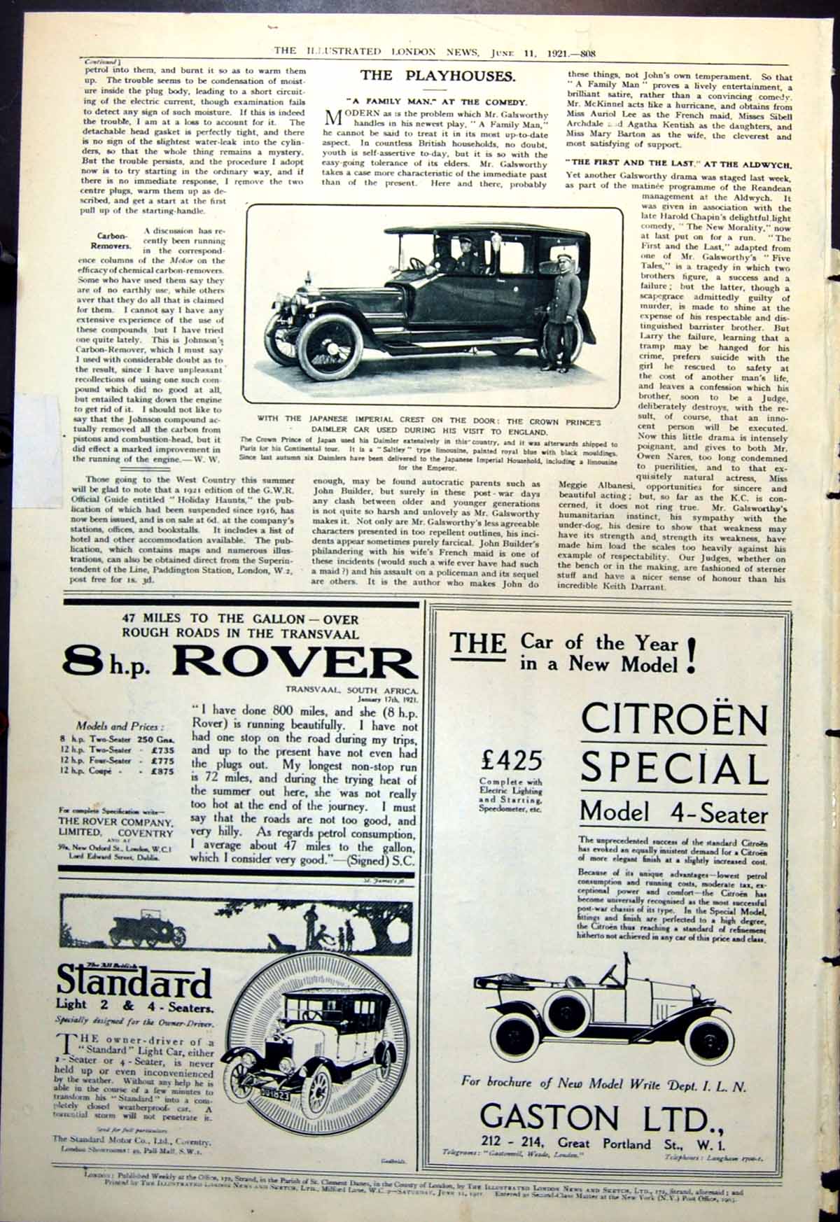Antique Old Print Daimler Car Japanese Crest On Door Crown Princes Visit 1921