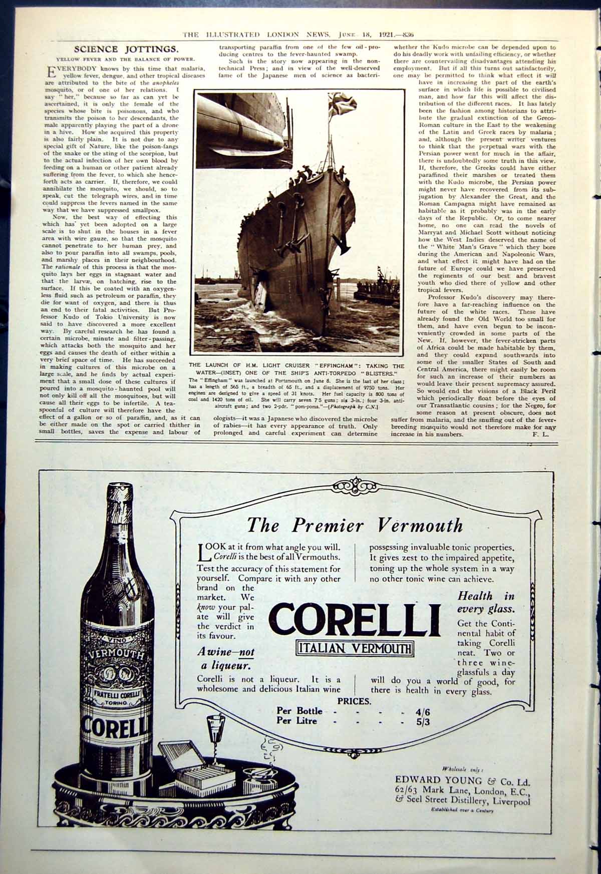 Old Print Launch H.M. Light Cruiser Effingham Anti-Torpedo Blisters 1921 20th
