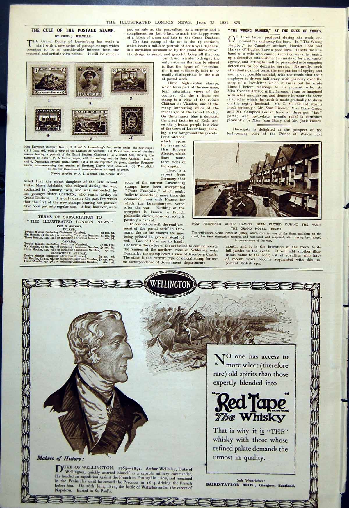 Antique Old Print European Stamps Luxemburg Grand Hotel Jersey Reopened 1921
