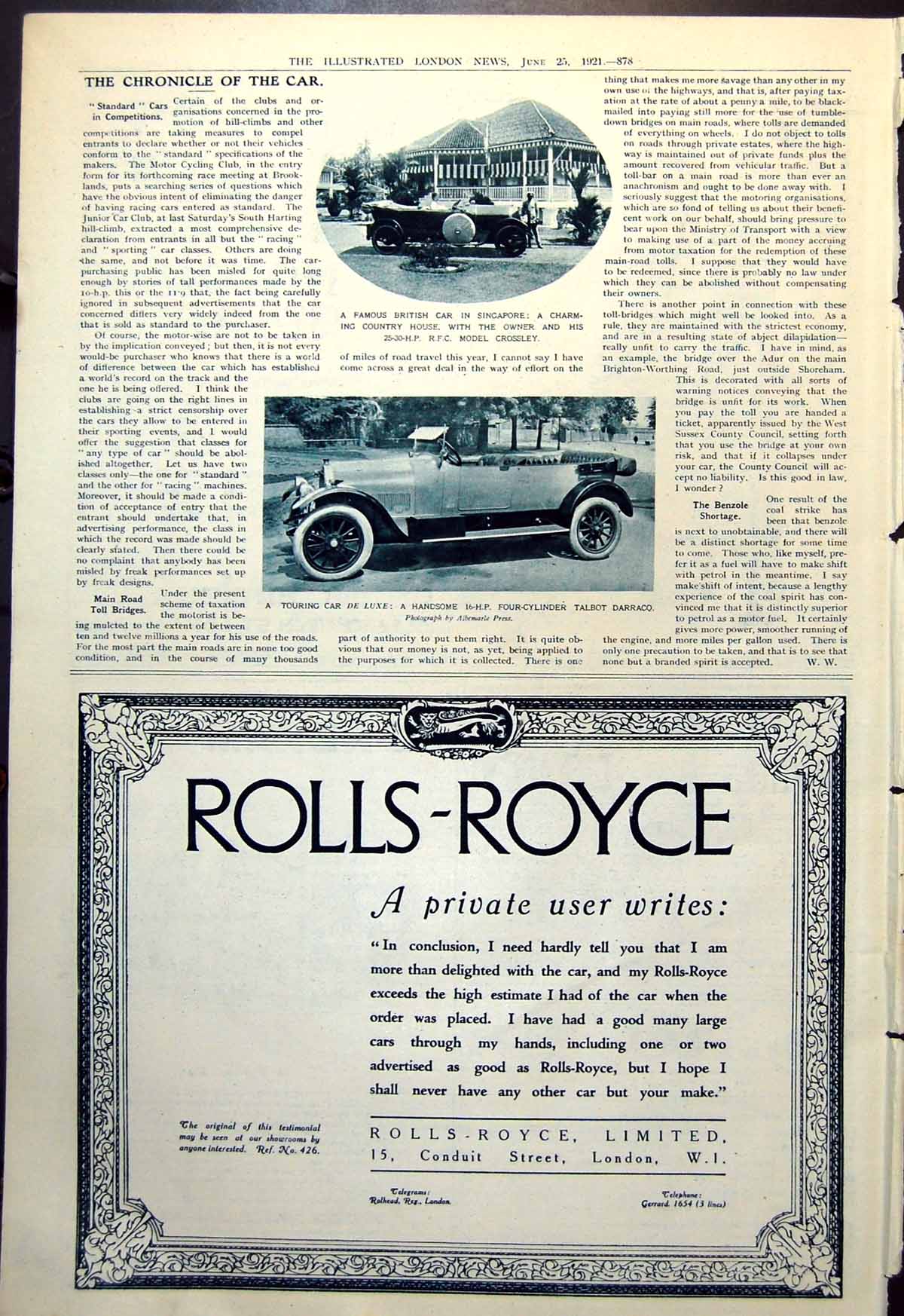 Antique Old Print Crossley House Singapore Talbot Darroco Touring Car 1921 20th