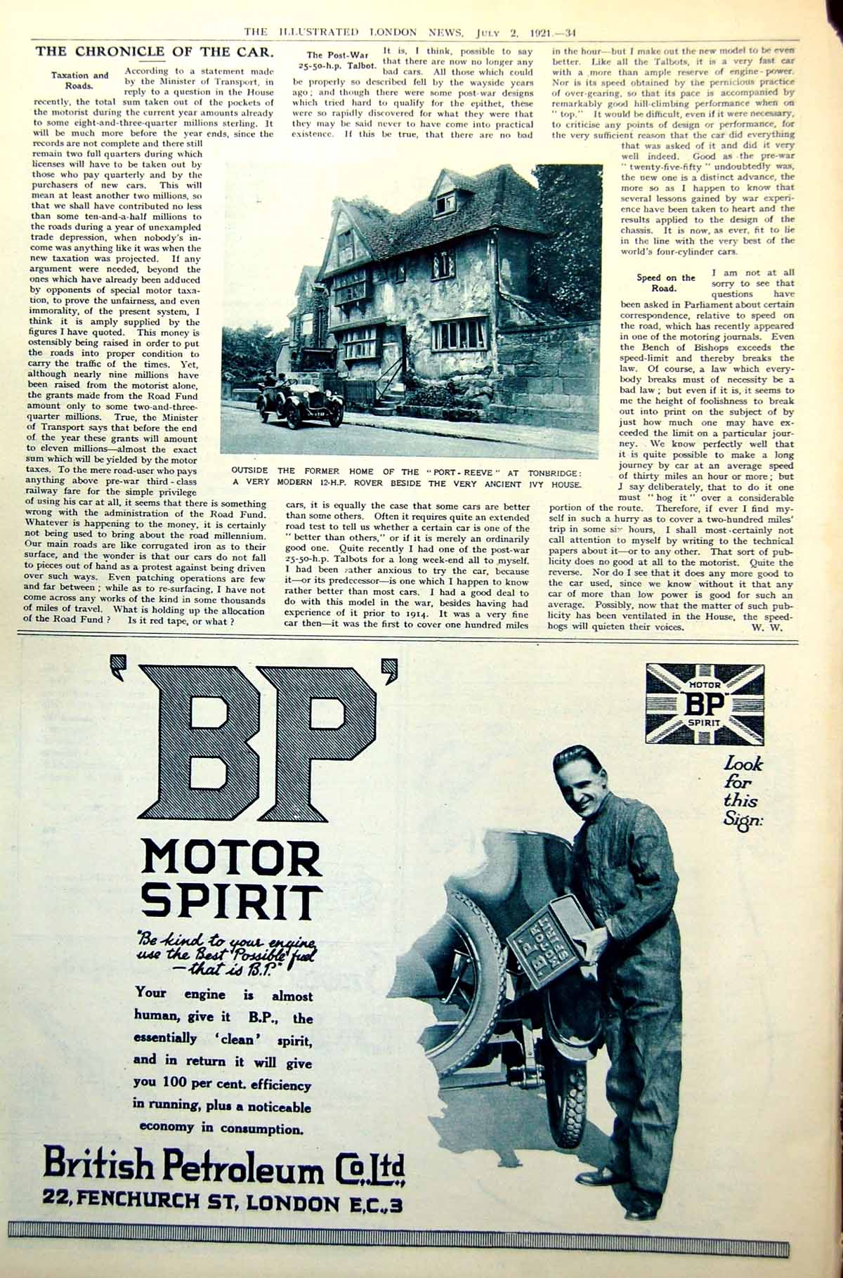 Antique Old Print Former House Port Reeve Tonbridge Ivy Modern Rover Car 1921