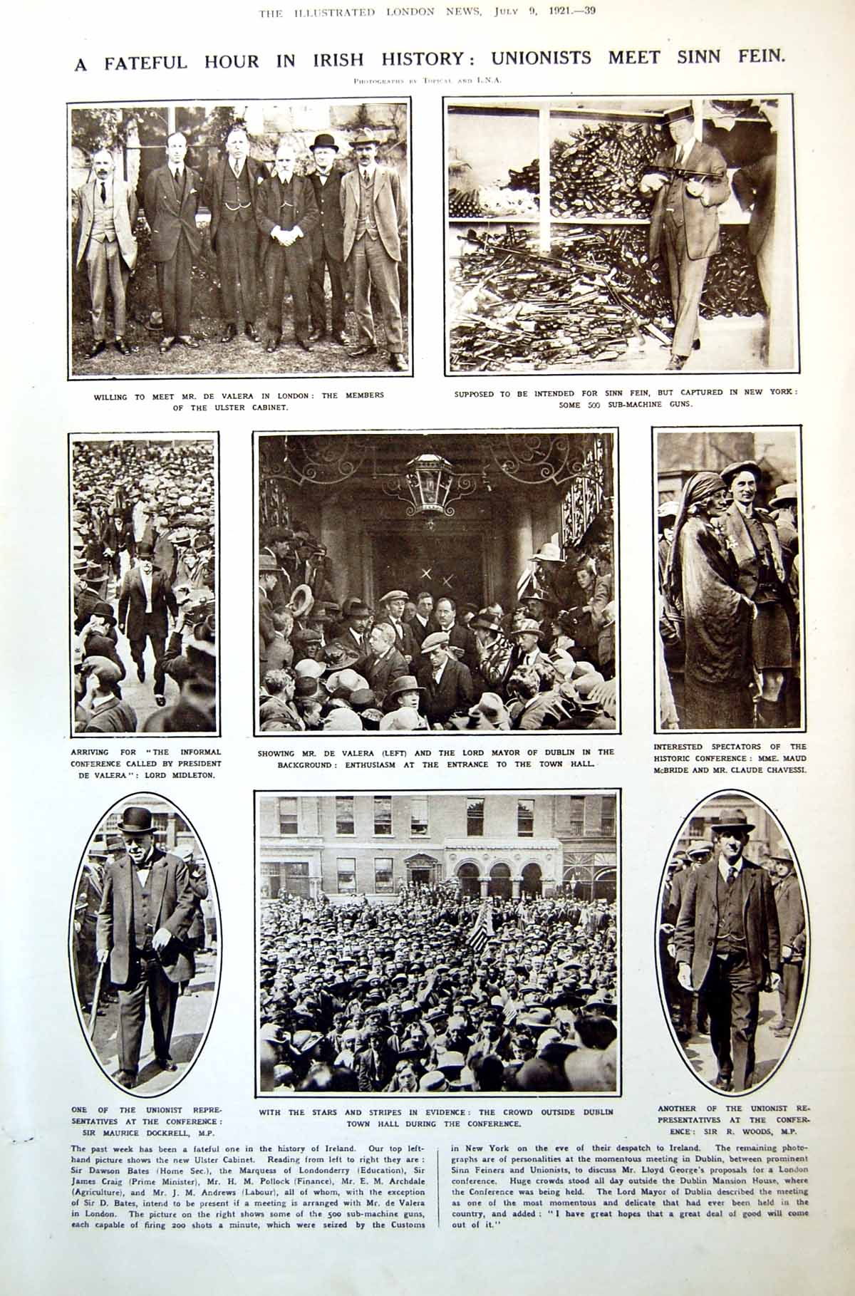 Old Print Unionists Sinn Fein Ireland Dublin Portraits Varsity Match 1921 20th