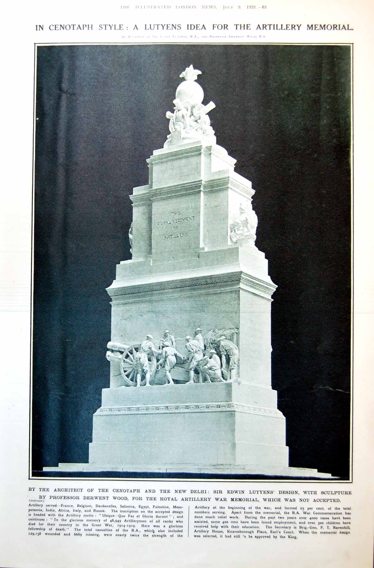 Antique Old Print Lutyens Idea For Artillery Memorial Cs Jaggers Statues 1921