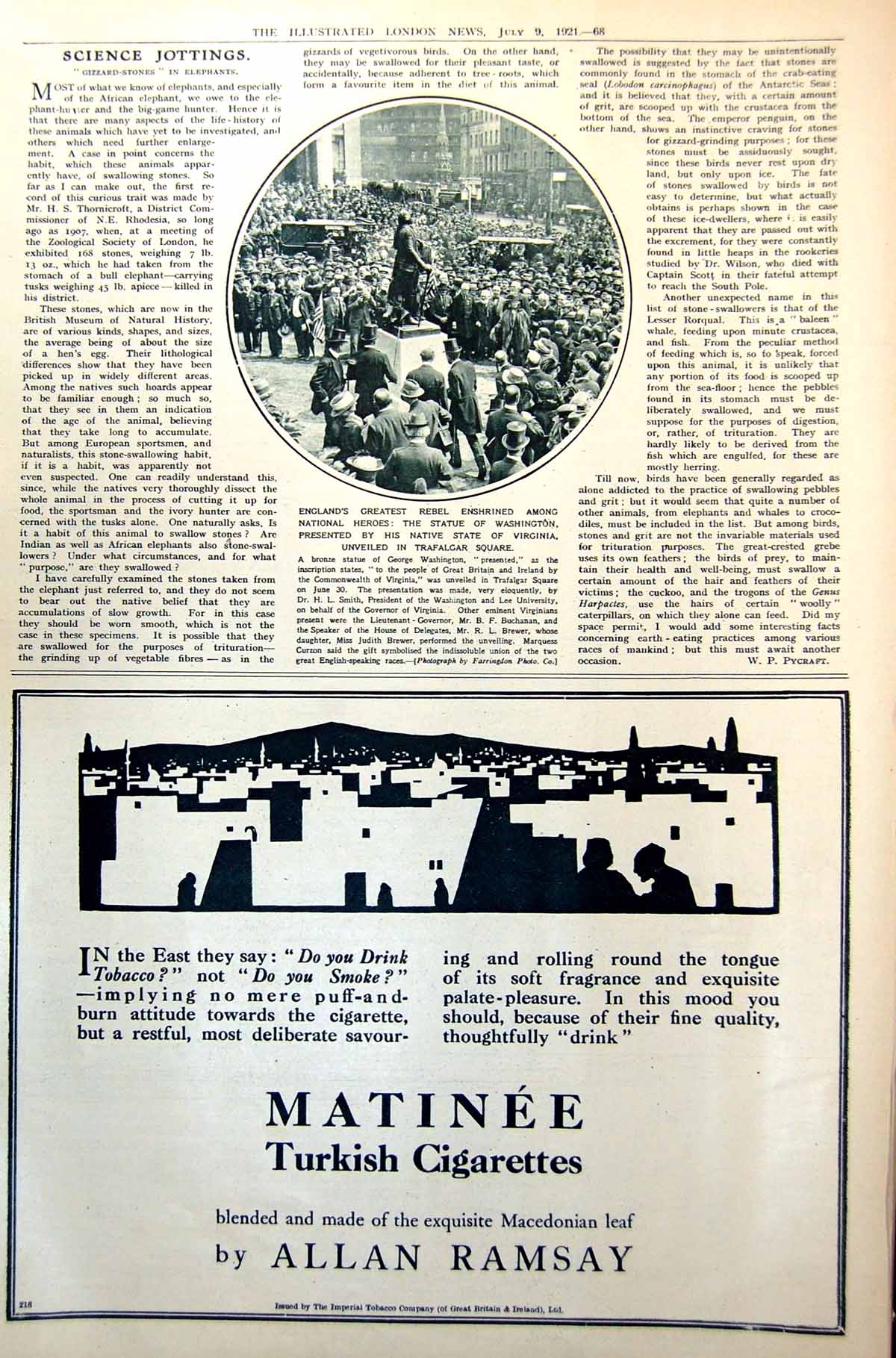 Old Vintage Print Statue Washington Unveiled Trafalgar Square Crowds 1921 20th