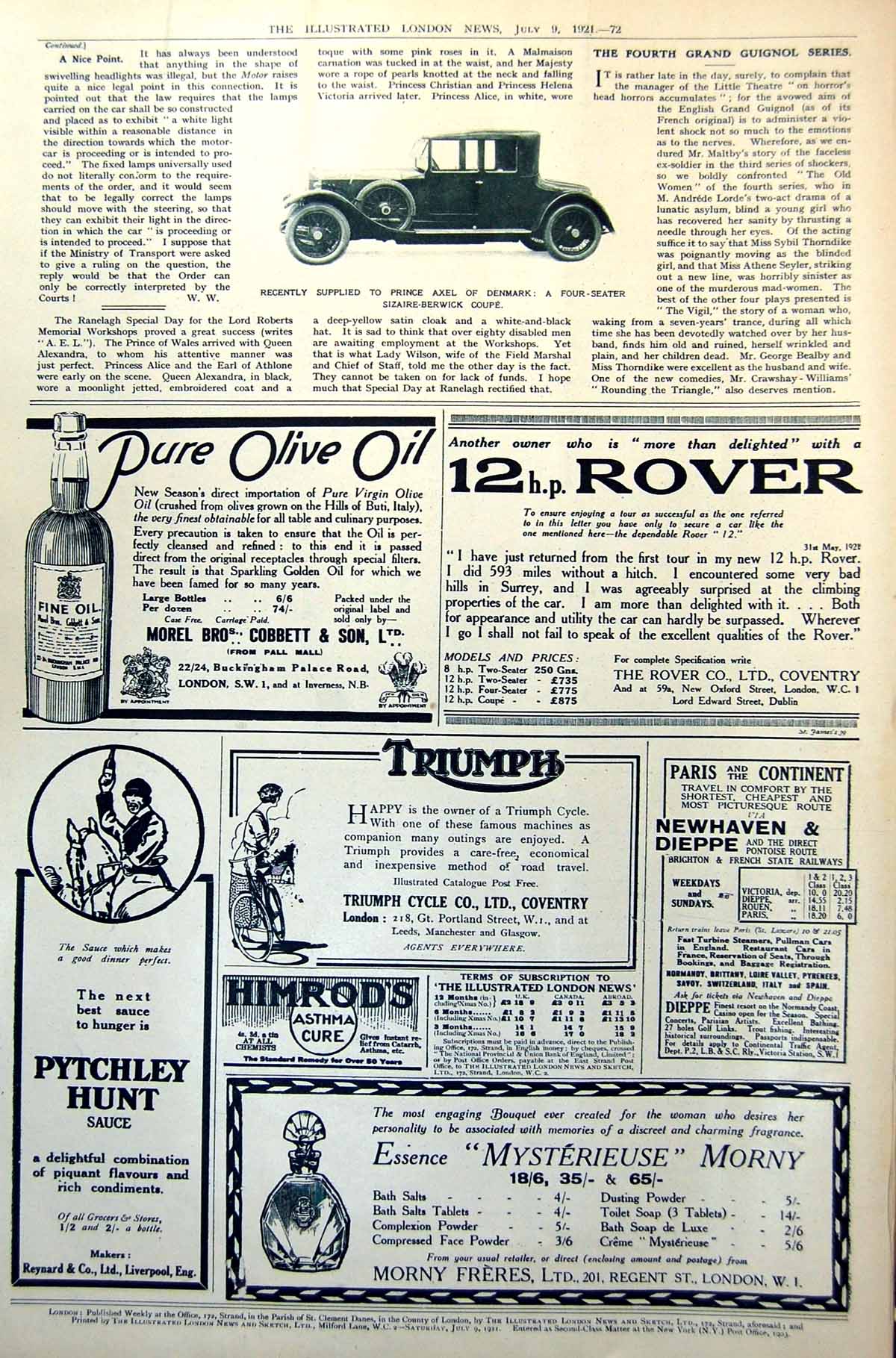 Old Print Four-Seater Sizaire-Berwick Coupe For Prince Axel Denmark 1921 20th