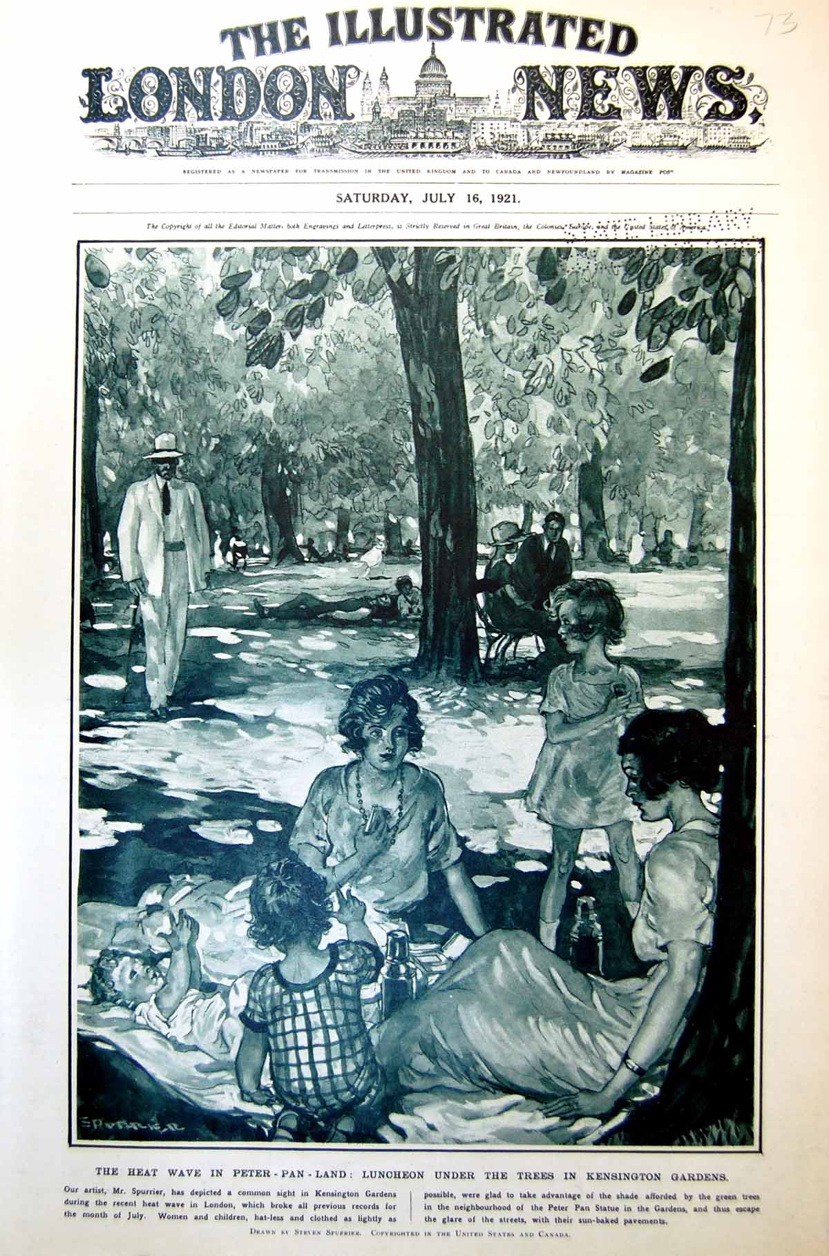 Antique Old Print Damaged Lunch Kensington Gardens King Queen Belgians 1921