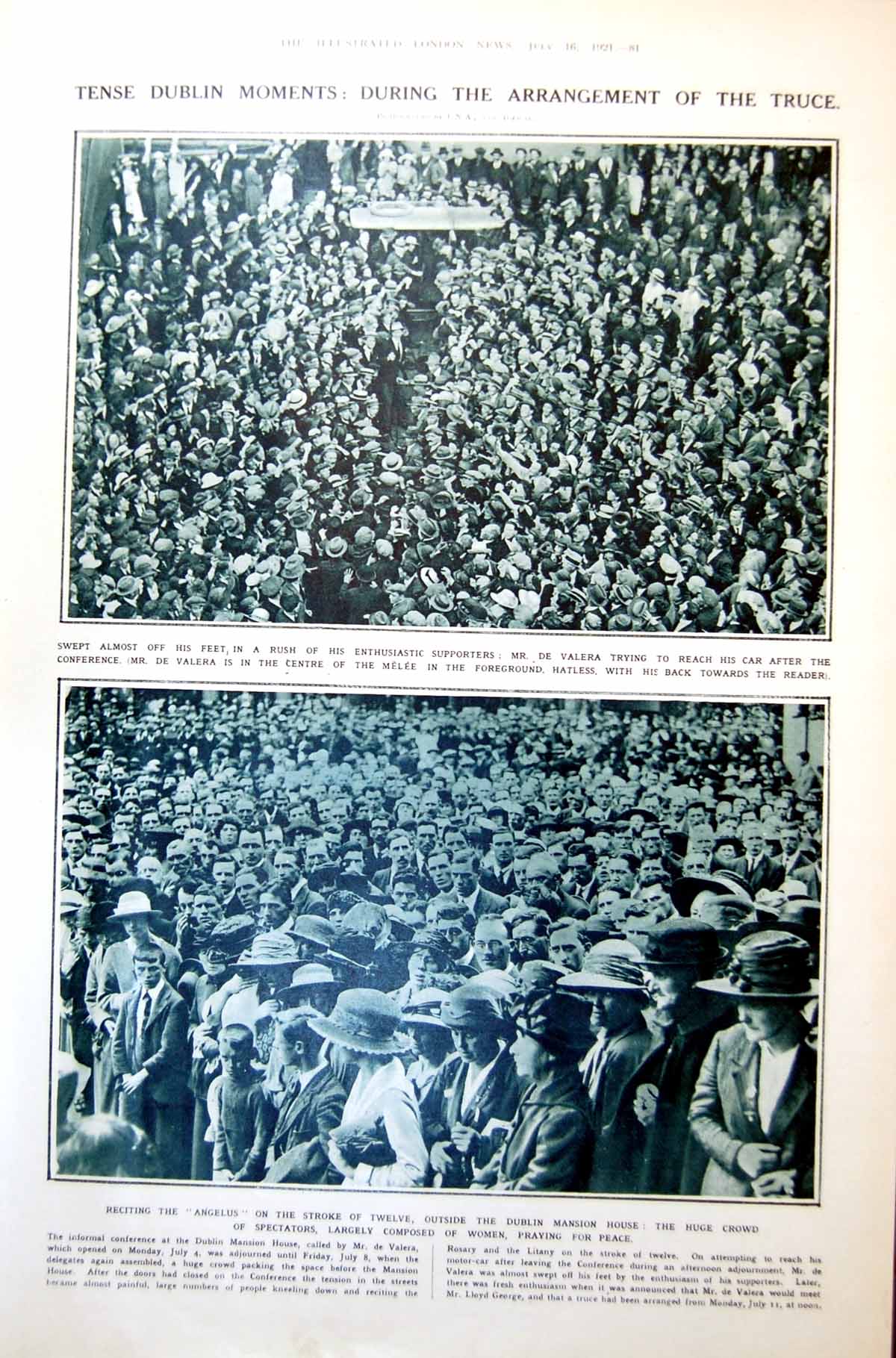 Antique Old Print Mr De Valera Crowds Peace Prayers Shakespeare Country 1921