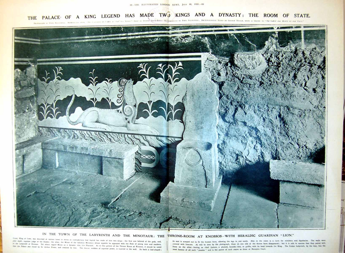 Original Old Vintage Print Throne Room King Knossos Heraldic Guardian Lion 1921