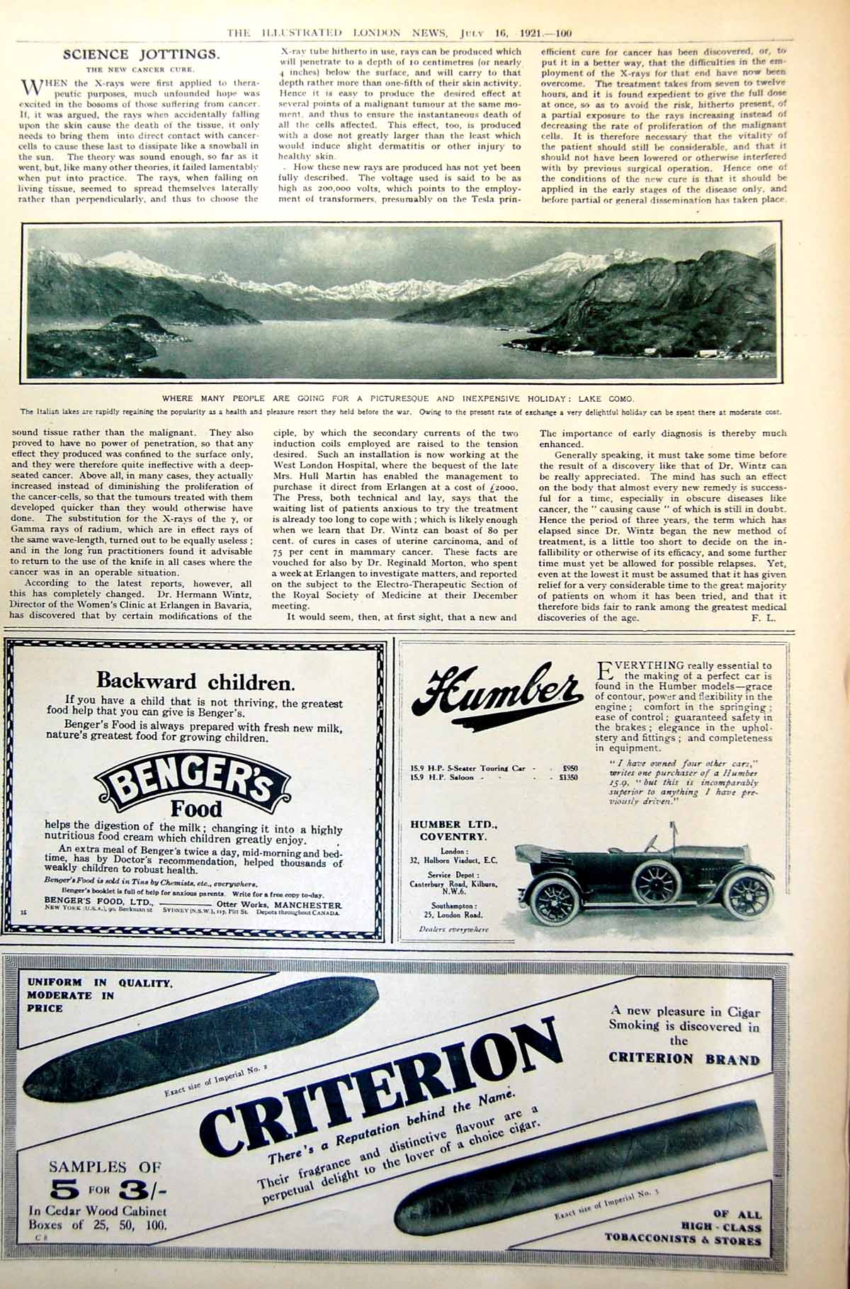 Antique Old Print Lake Como Alps Adverts Bengers Humber Criterion Cigar 1921
