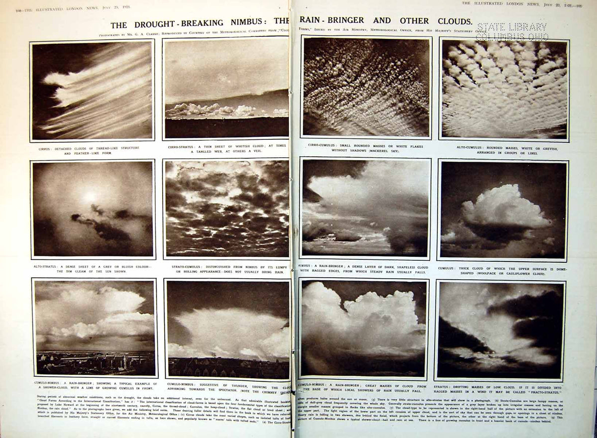 Antique Old Print Damaged Varying Cloud Formations Nimbus Cirro-Stratus 1921