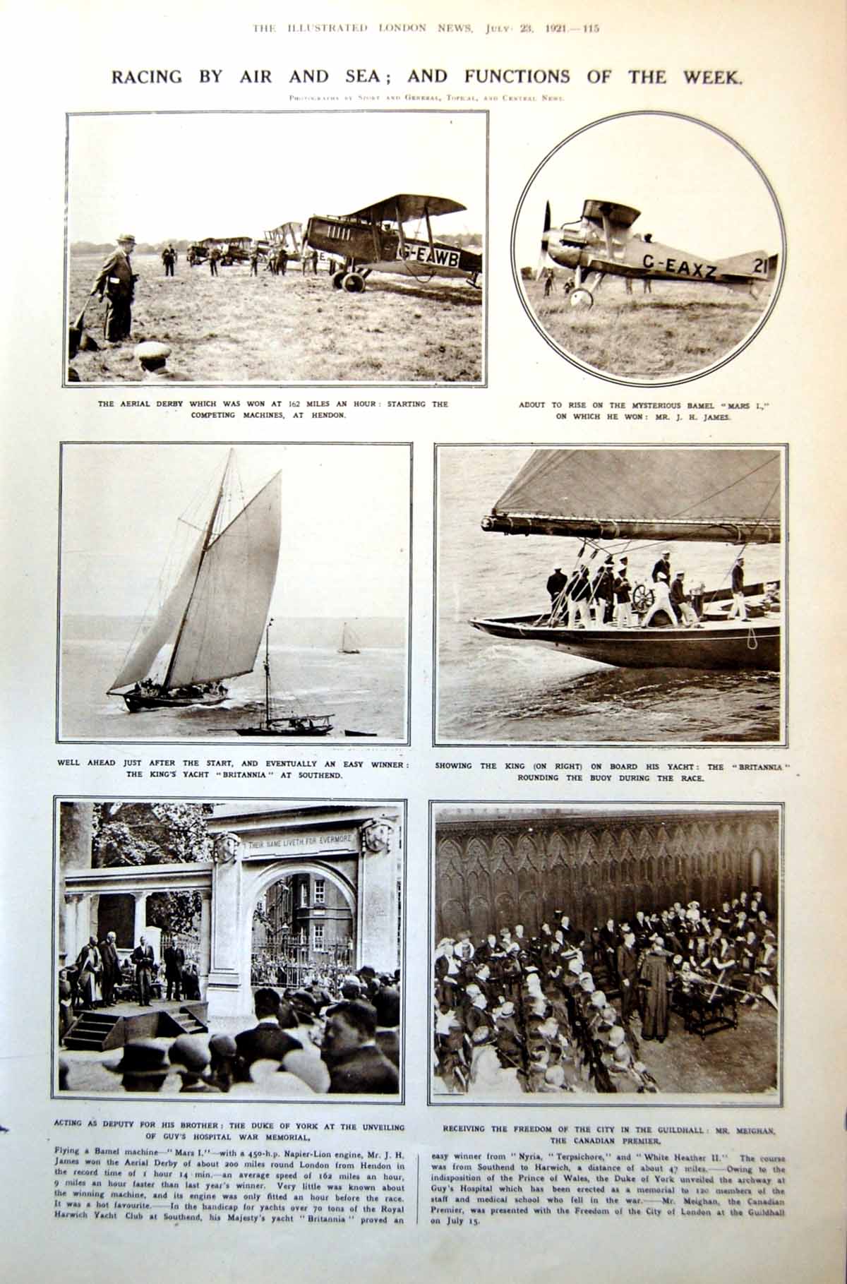 Antique Print Aerial Derby Britannia Yacht Royal Visit Jersey Guernsey 1921