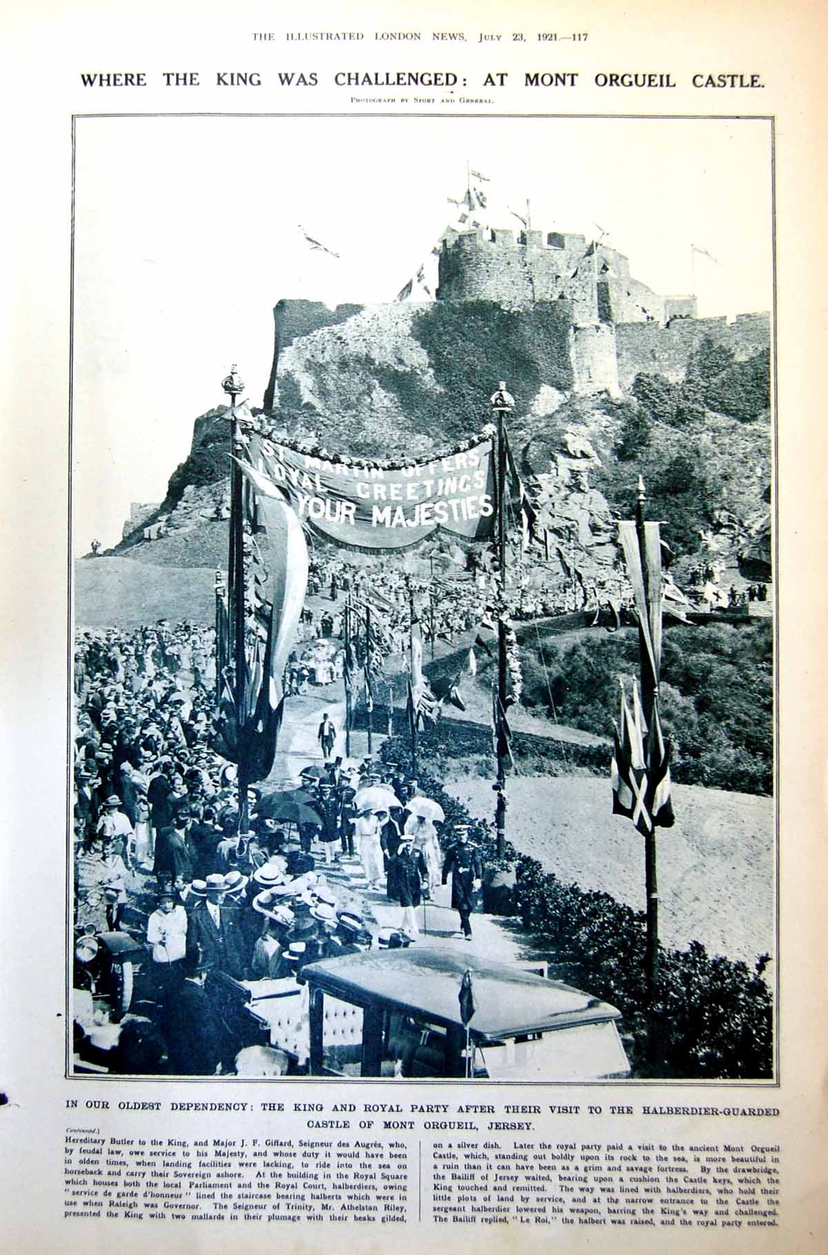 Antique Print King Royal Party Visit Castle Mont Orgueil Women Theatre 1921