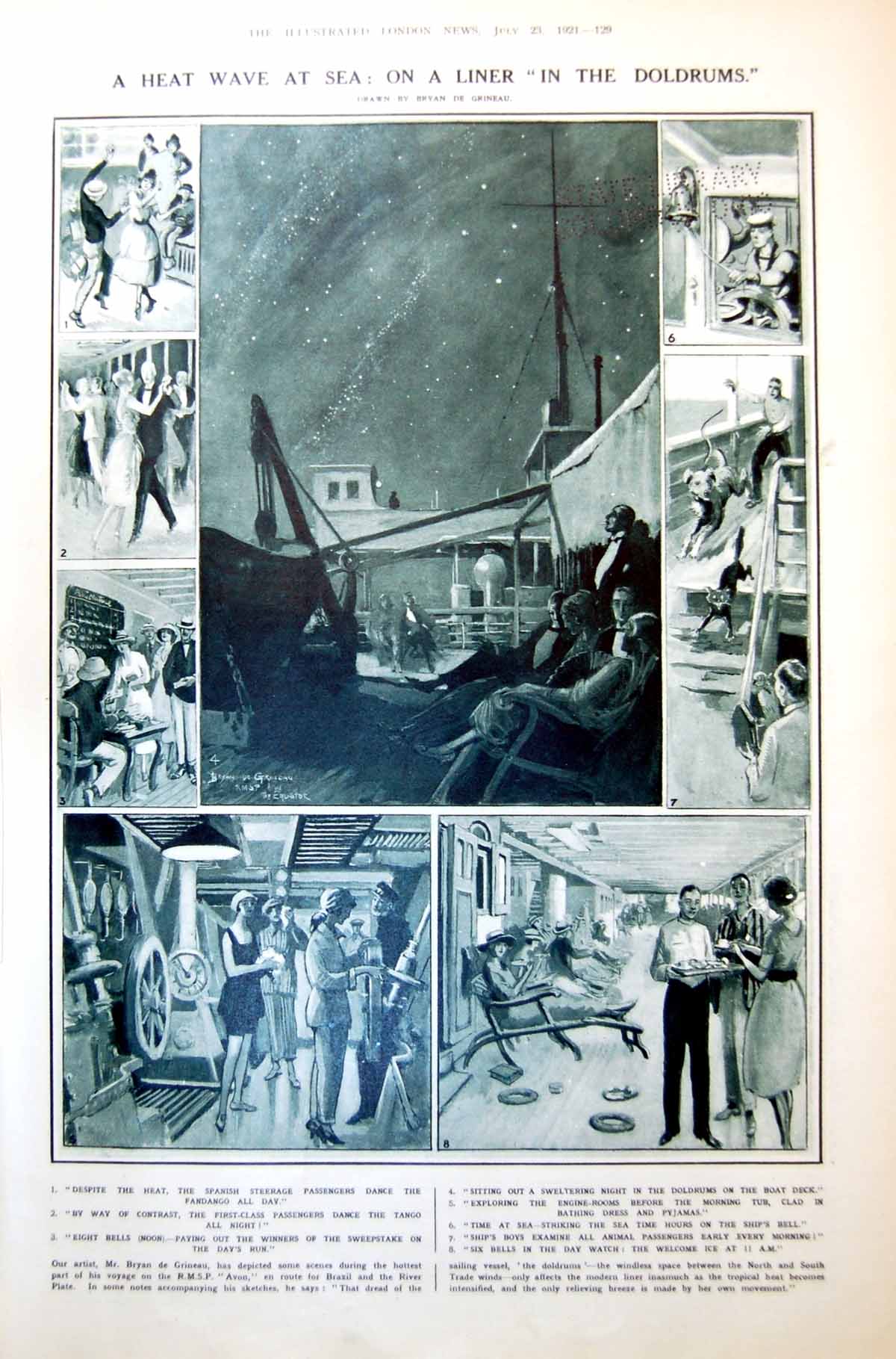 Antique Print Damaged Liner Drums Life Sea Bull Matador Ring Beziers 1921 20th