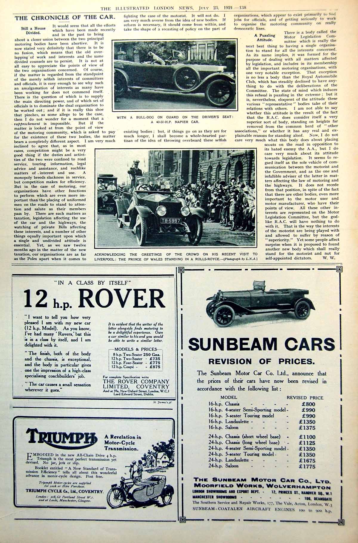 Antique Old Print Napier Car Bulldog Prince Wales Standing Rolls-Royce 1921