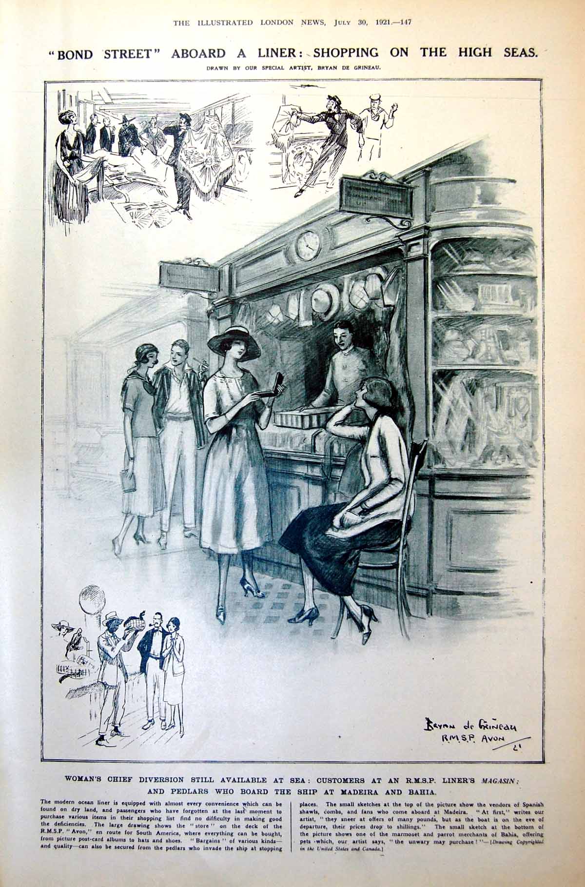Old Print R.M.S.P. Liner'S Magasin Shopping On Board Ship Greek War 1921 20th