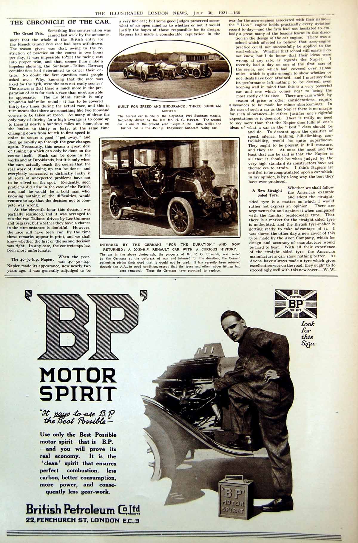 Old Vintage Print Three Sunbeam Models Renault Car Seized By Germans 1921 20th