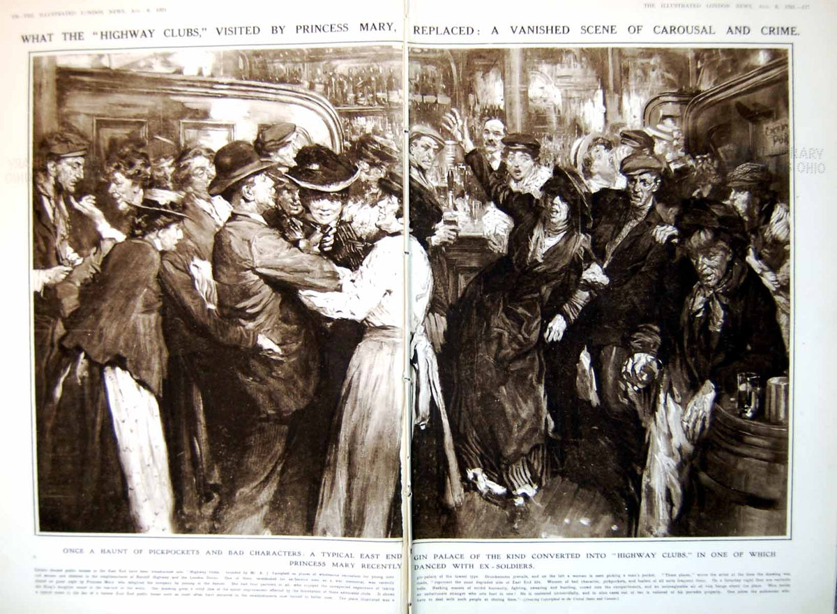 Old Vintage Print Damaged Highway Clubs From Gin Palaces Revellers 1921 20th