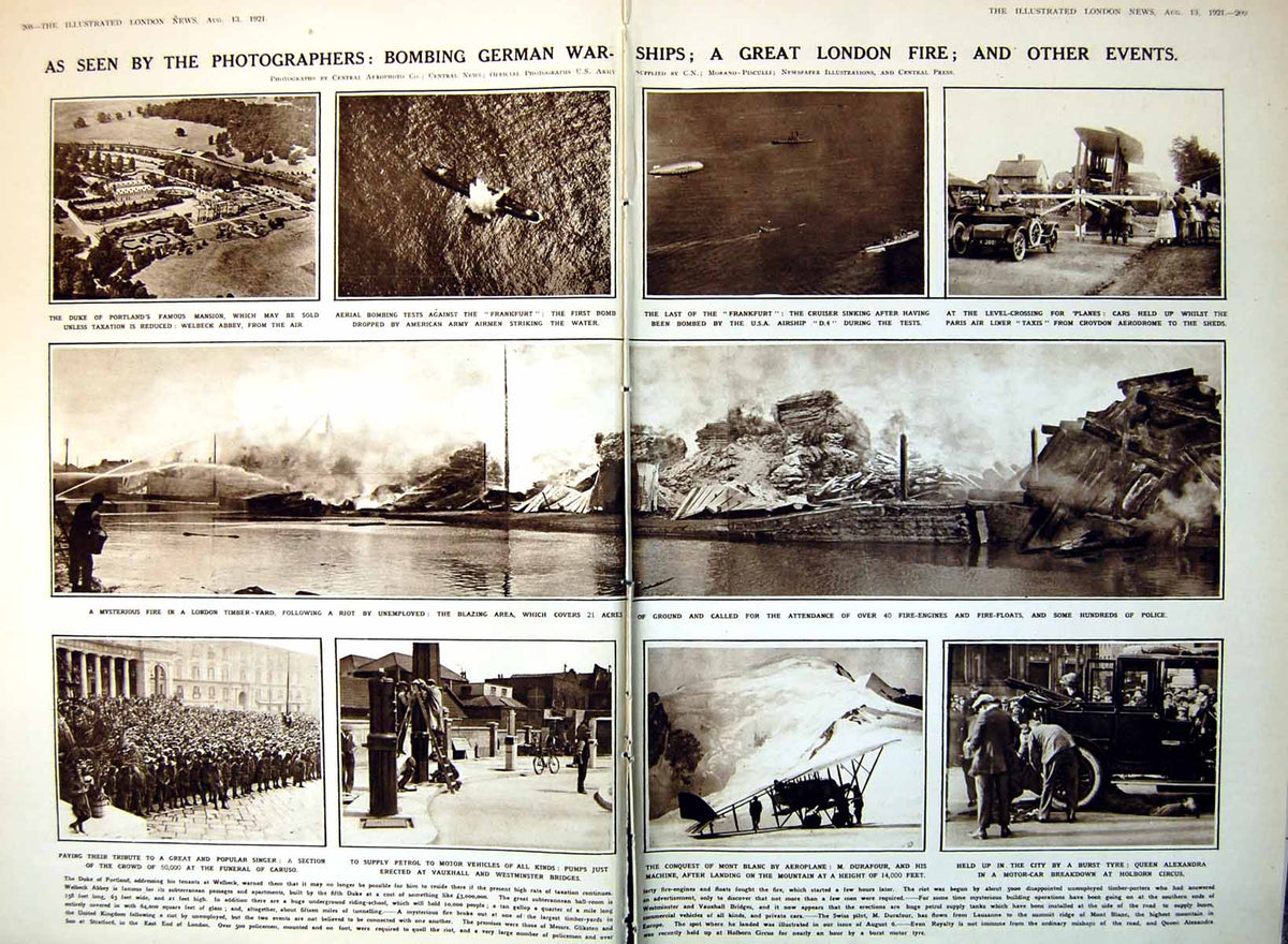 Antique Old Print Damaged News Photos London Timberyard Fire Aeroplanes 1921