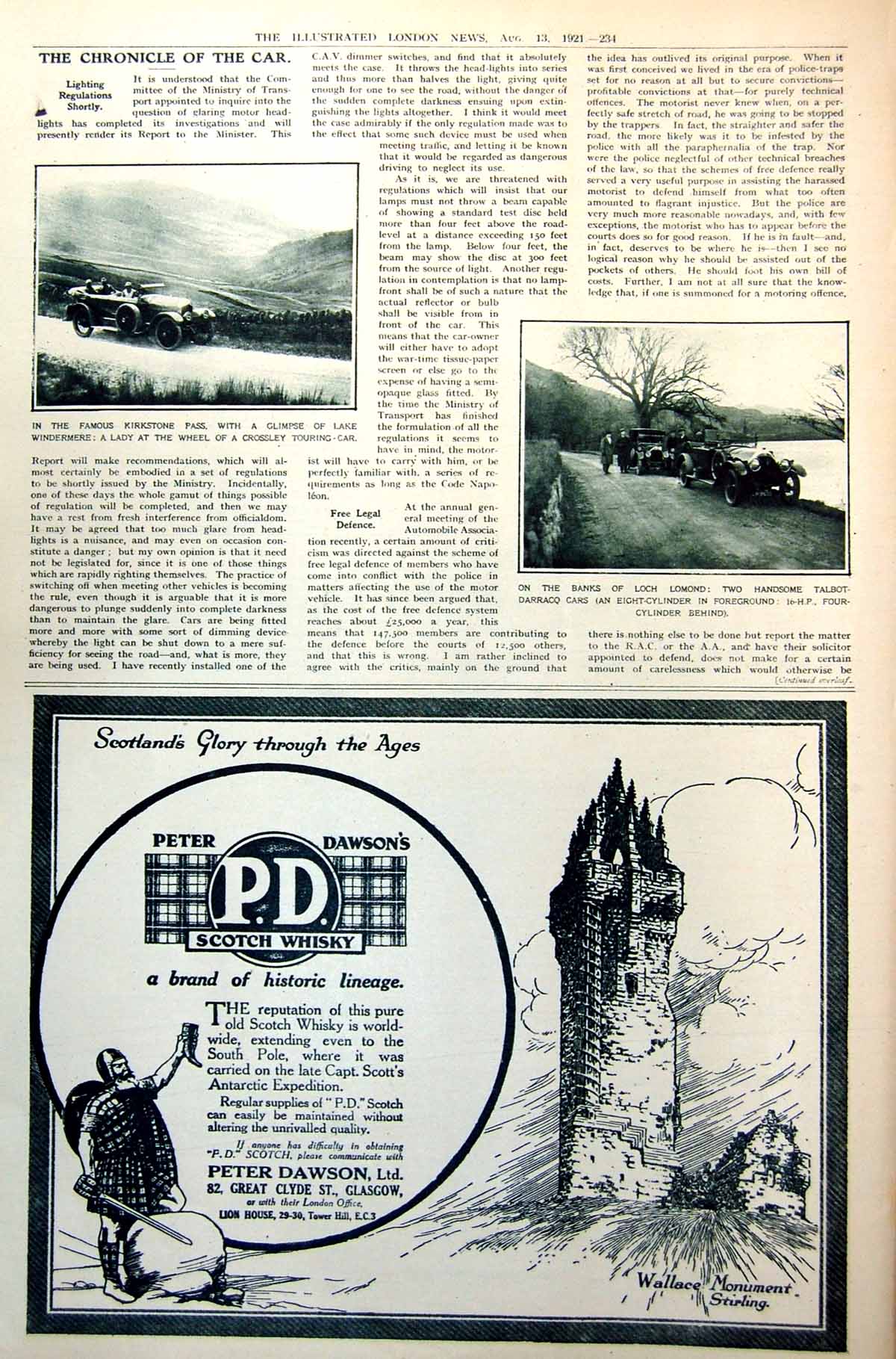 Old Print Lady Crossley Car Lake District Talbot Darracq Loch Lomond 1921 20th