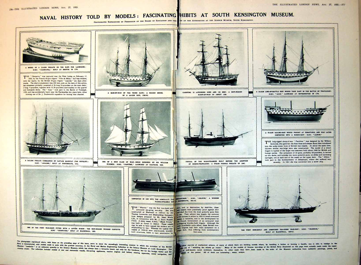 Antique Old Print Damaged Naval History Models South Kensington Museum 1921