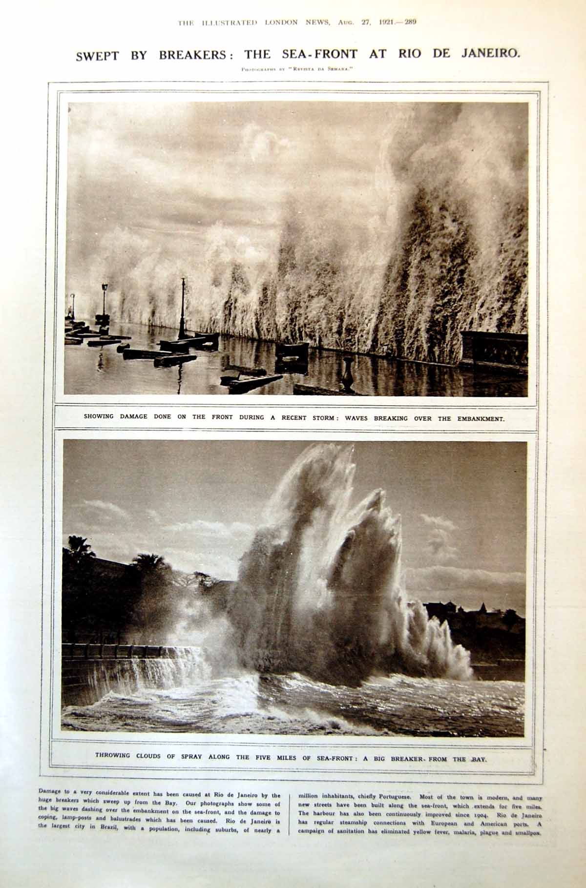 Antique Print Sea-Front Rio De Janeiro Storm Damage King Orry Aground 1921 20th