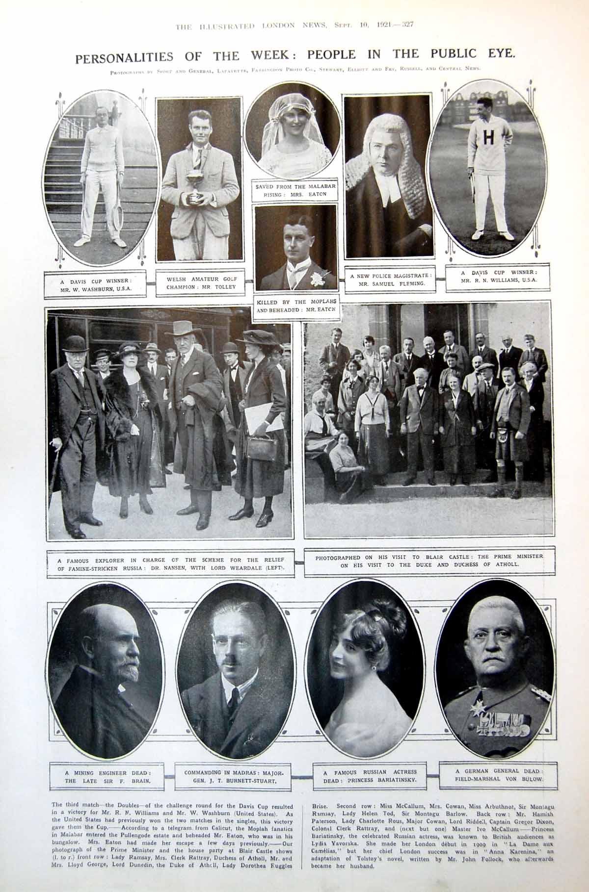 Antique Print People Public Eye Tennis Nansen Duke Atholl Lloyd George 1921