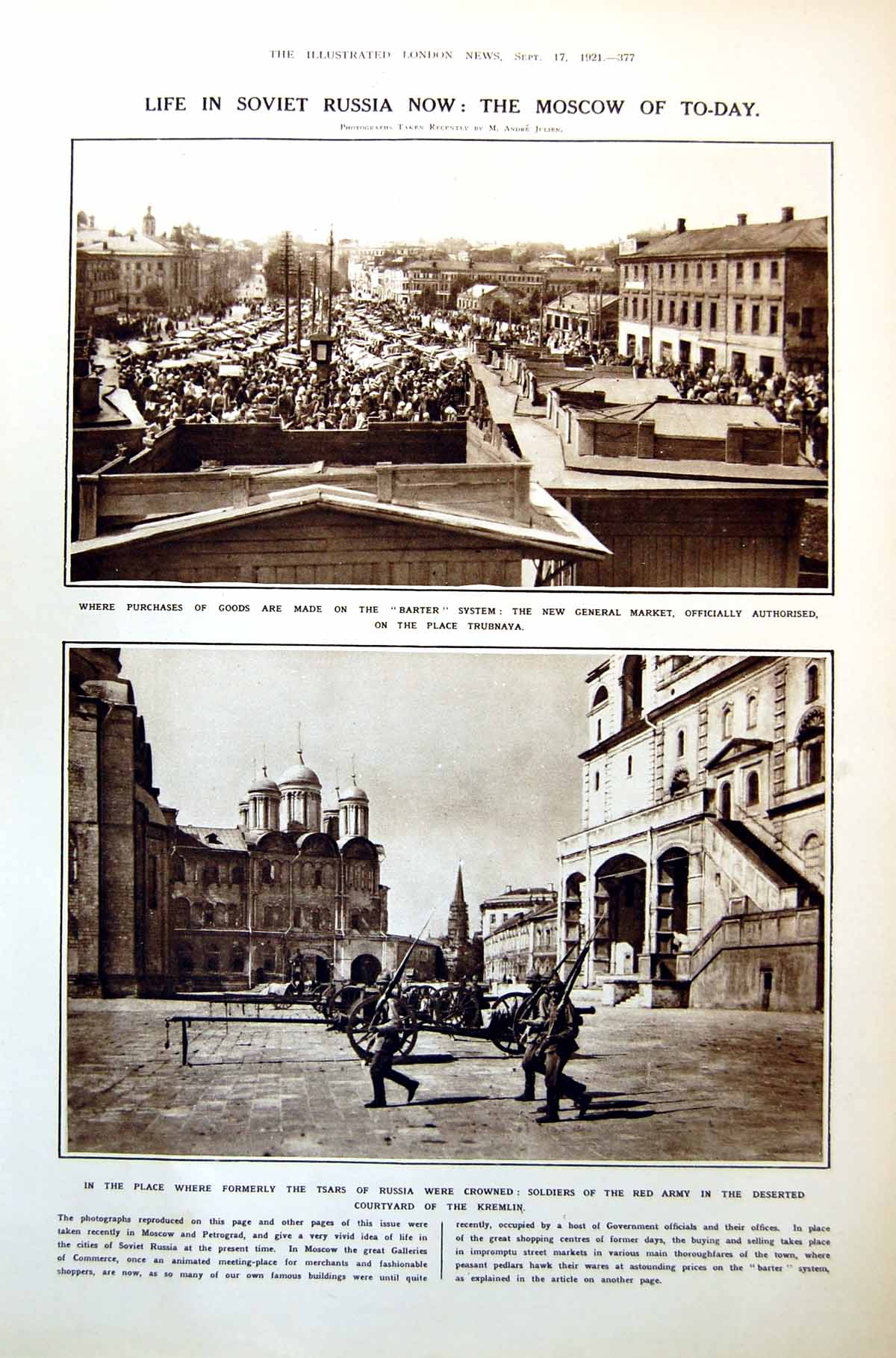 Antique Old Print Moscow Today General Market Red Army Petrograd News 1921 20th