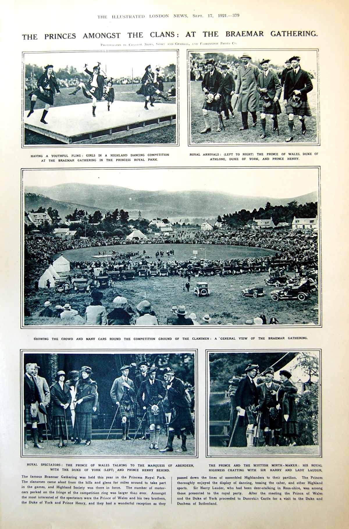 Antique Print Braemar Highland Gathering Charlie Chaplin Welcomed Home 1921