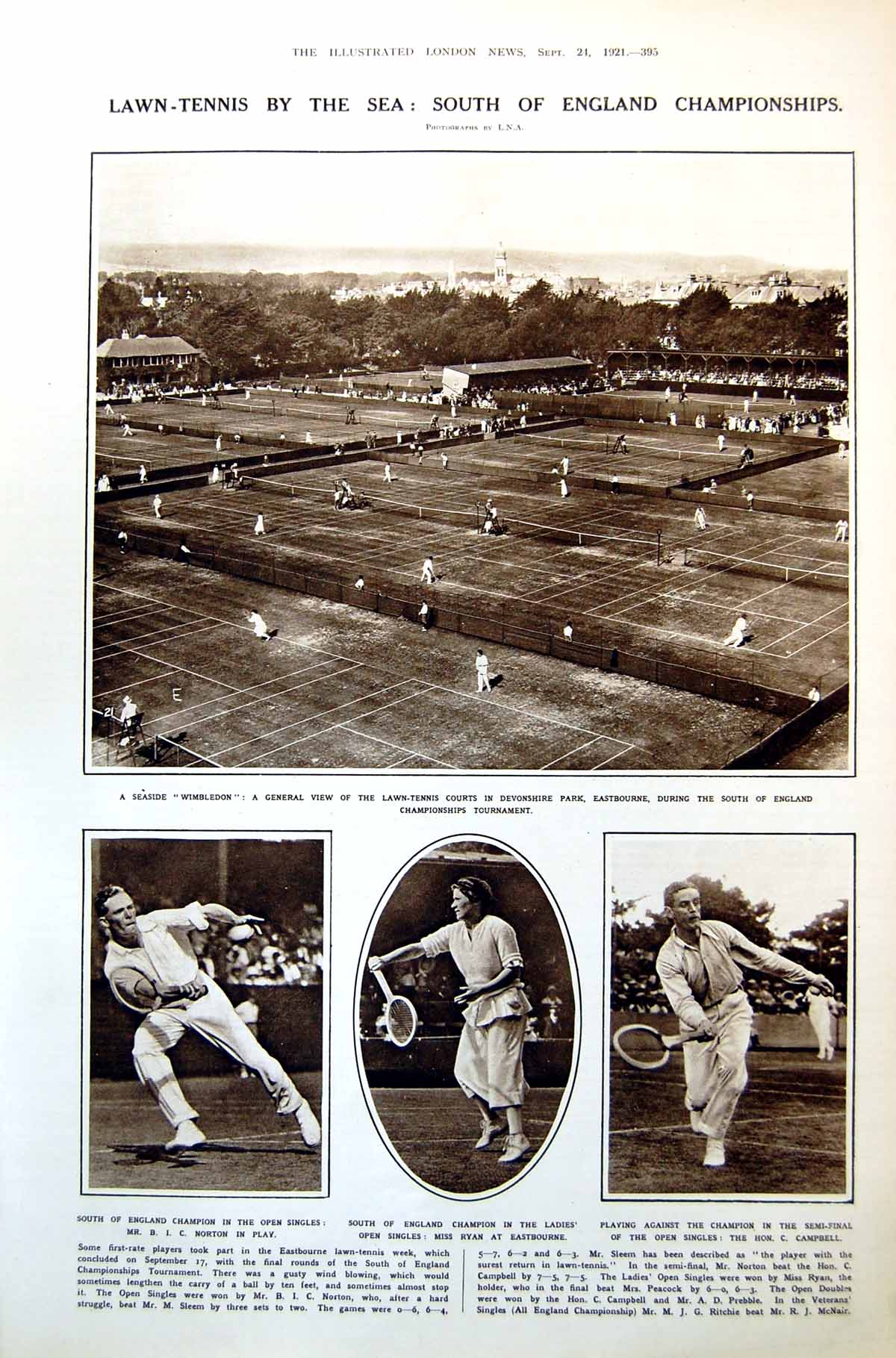 Old Print Lawn Tennis Devonshire Park Eastbourne Quest Tower Bridge 1921 20th