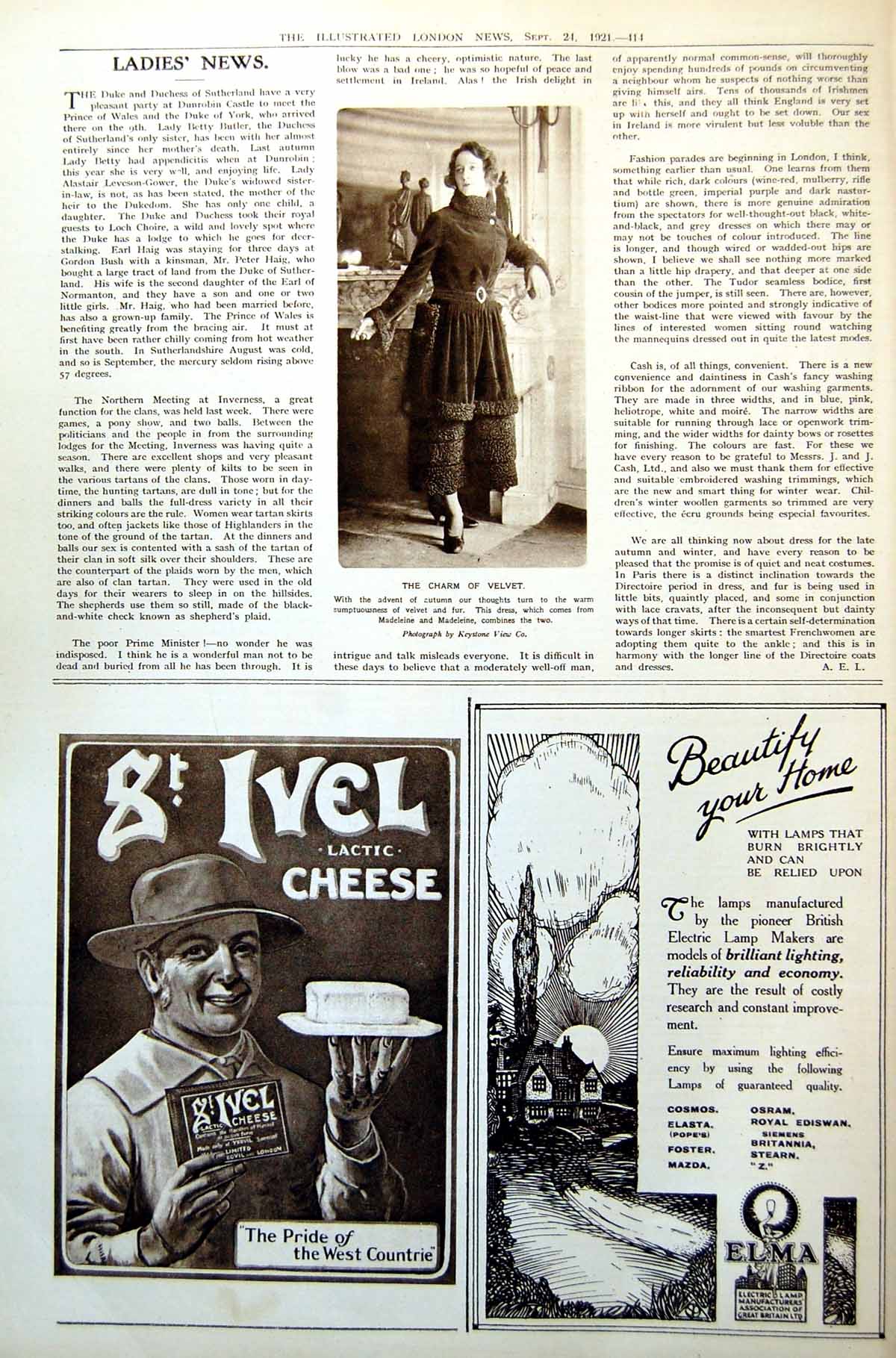 Antique Print Ladies News Charm Velvet Fur Dress Combining Both Model 1921 20th