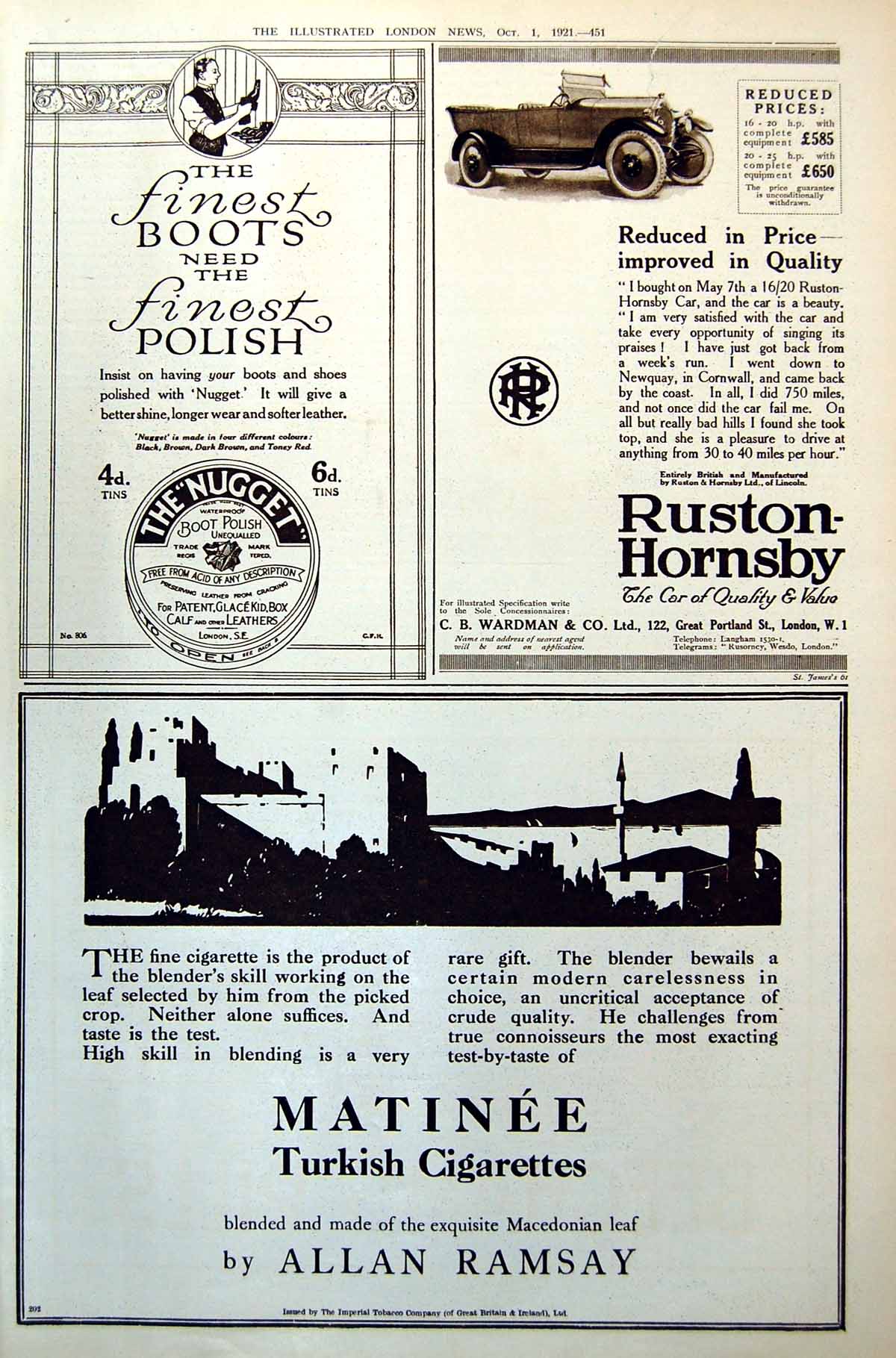 Antique Print Castle Matinee Cigarette Adverts Royal Mail Steam Packet 1921