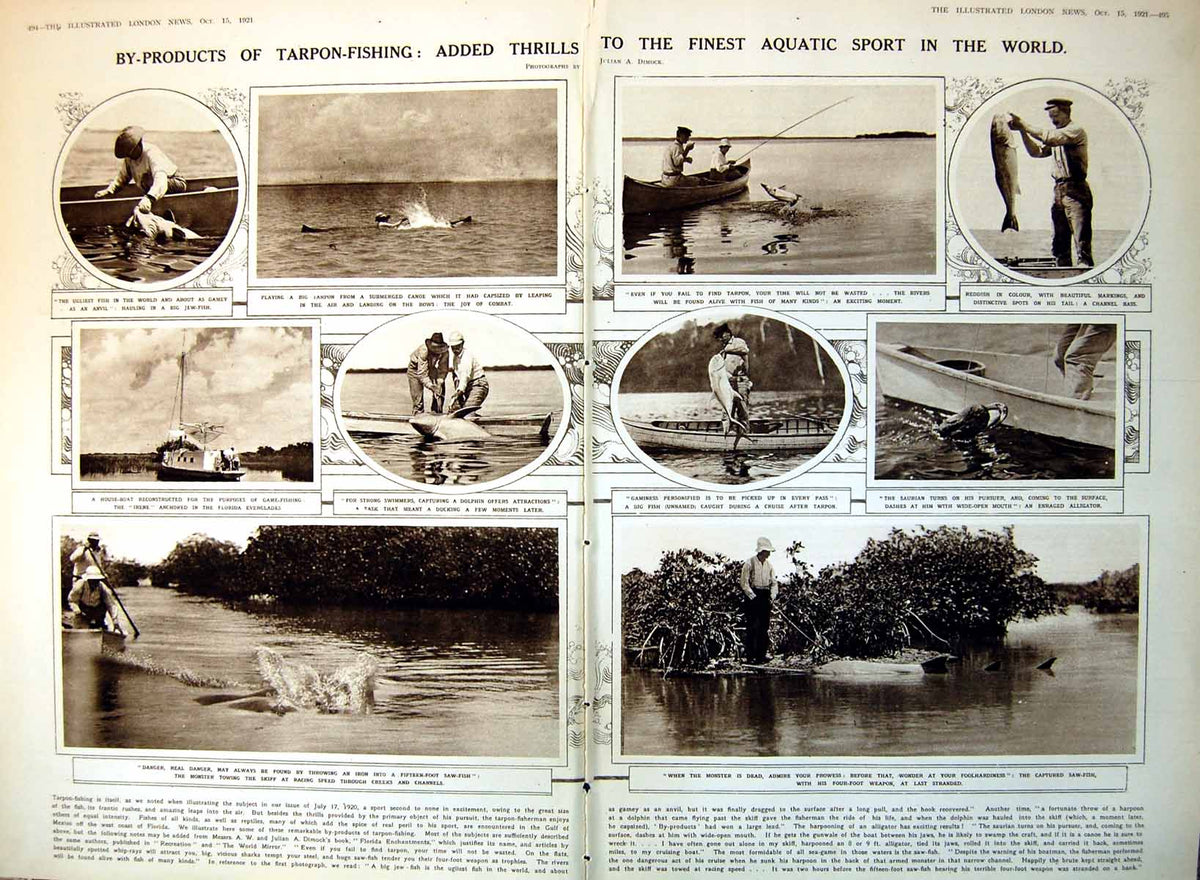 Antique Old Print Damaged Tarpon Fishing Canoe Boat Dolphin Unnamed Fish 1921