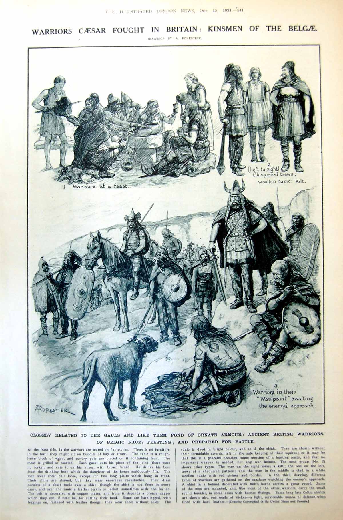 Antique Old Print Warriors Caesar Fought Britain Belgic Briton Spinners 1921