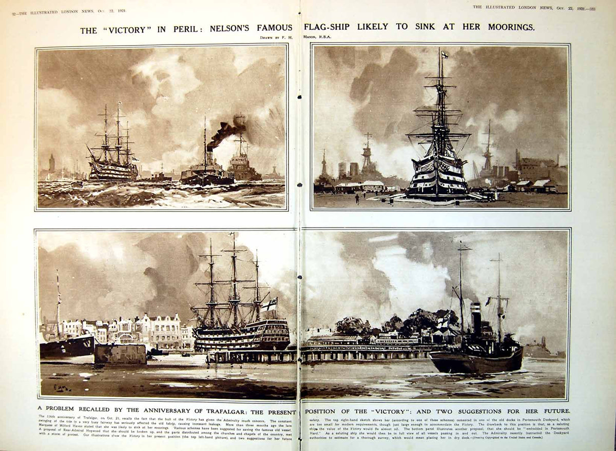 Antique Old Print Damaged Victory Likely To Sink At Moorings Suggestions 1921