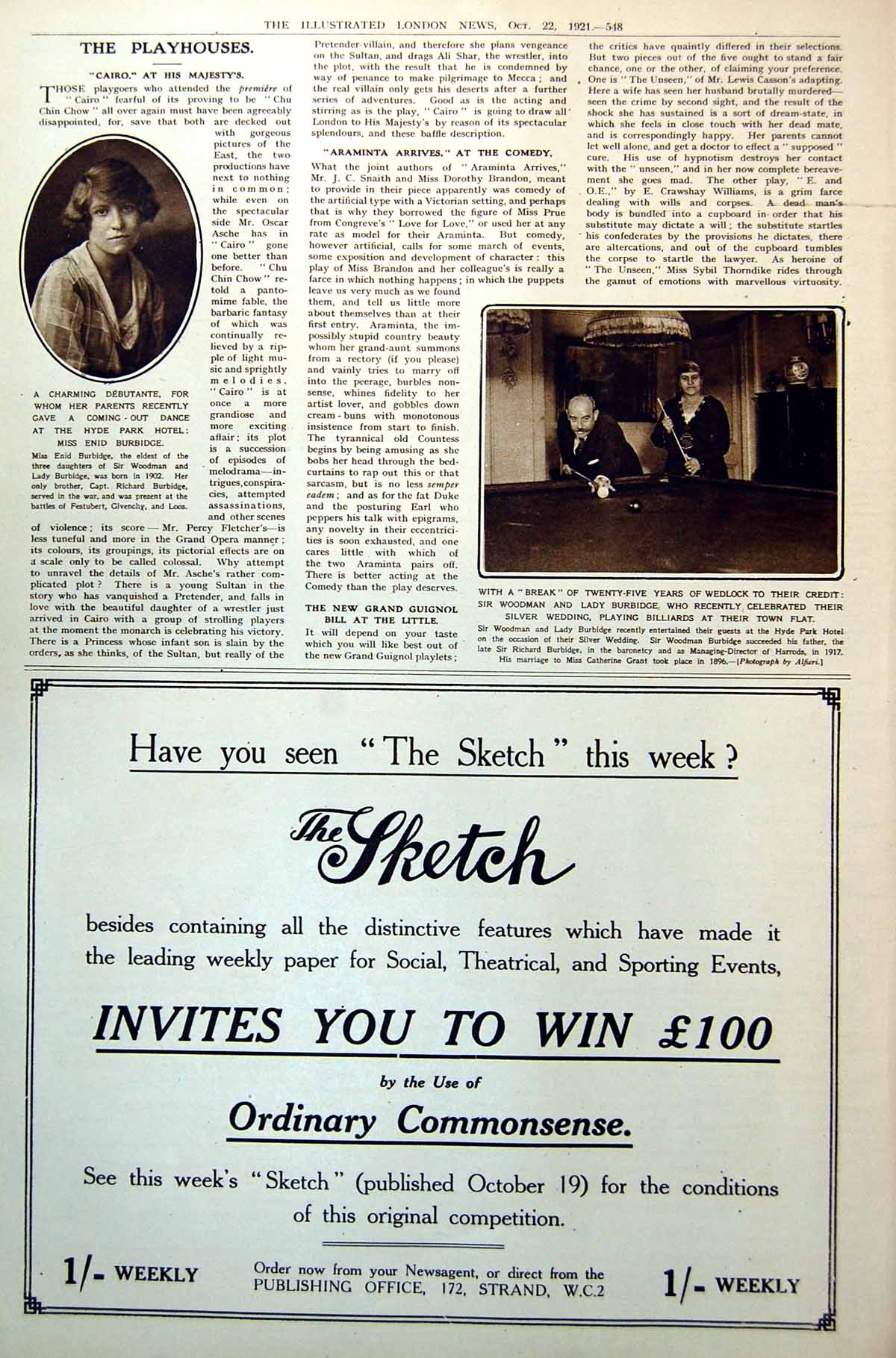 Antique Old Print Enid Burbridge Debutante Sir Woodman Lady Billiards 1921 20th