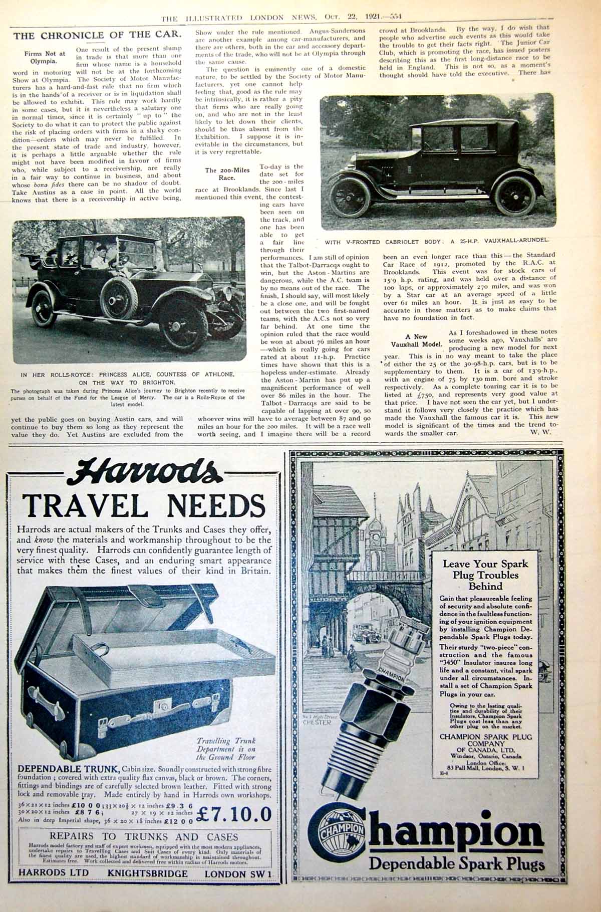 Antique Old Print Princess Alice In Her Rolls-Royce Vauxhall-Arundel Car 1921
