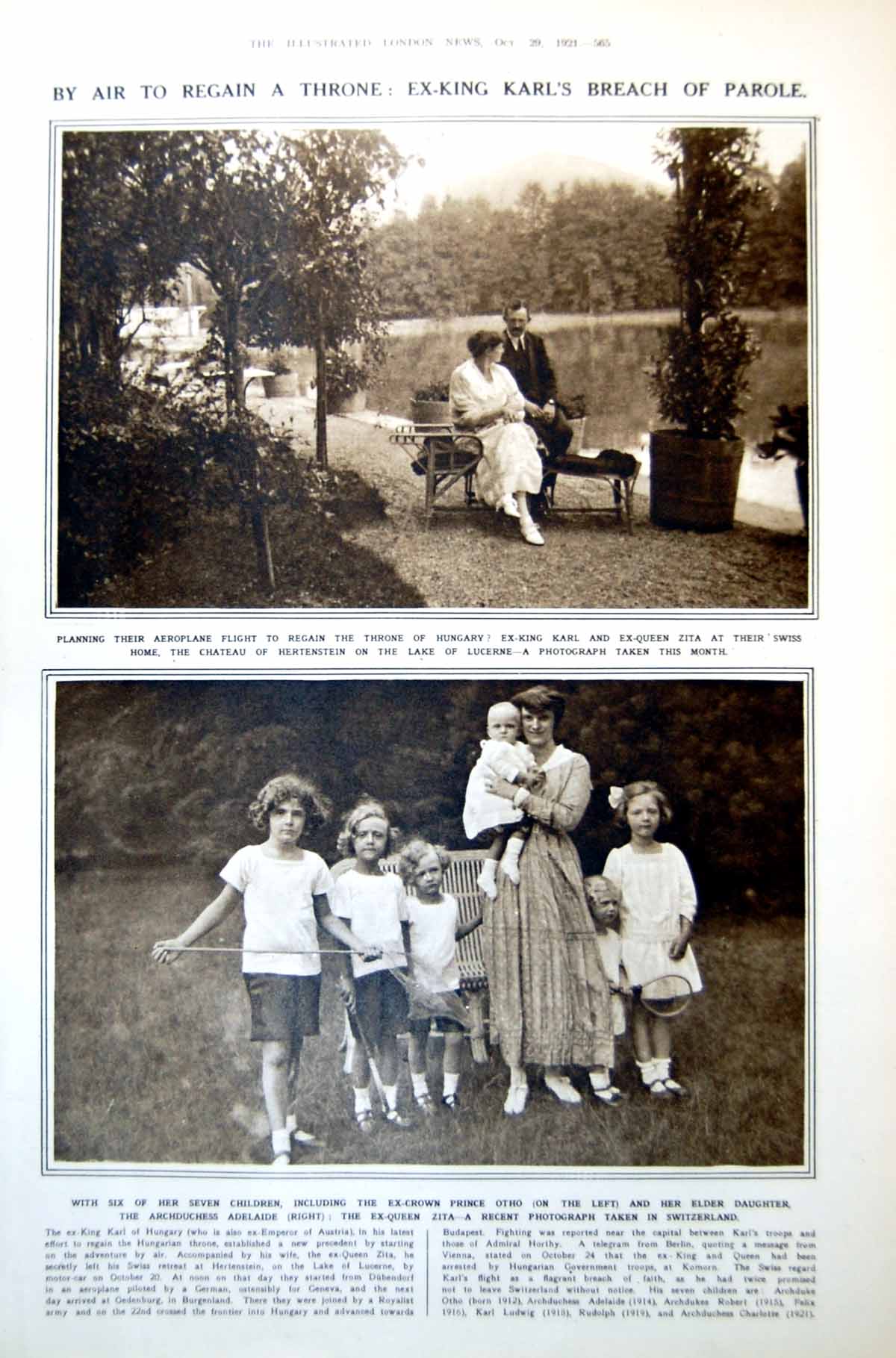 Antique Old Print Ex-Queen Zita Family Ex-King Karl Portraits Novelists 1921