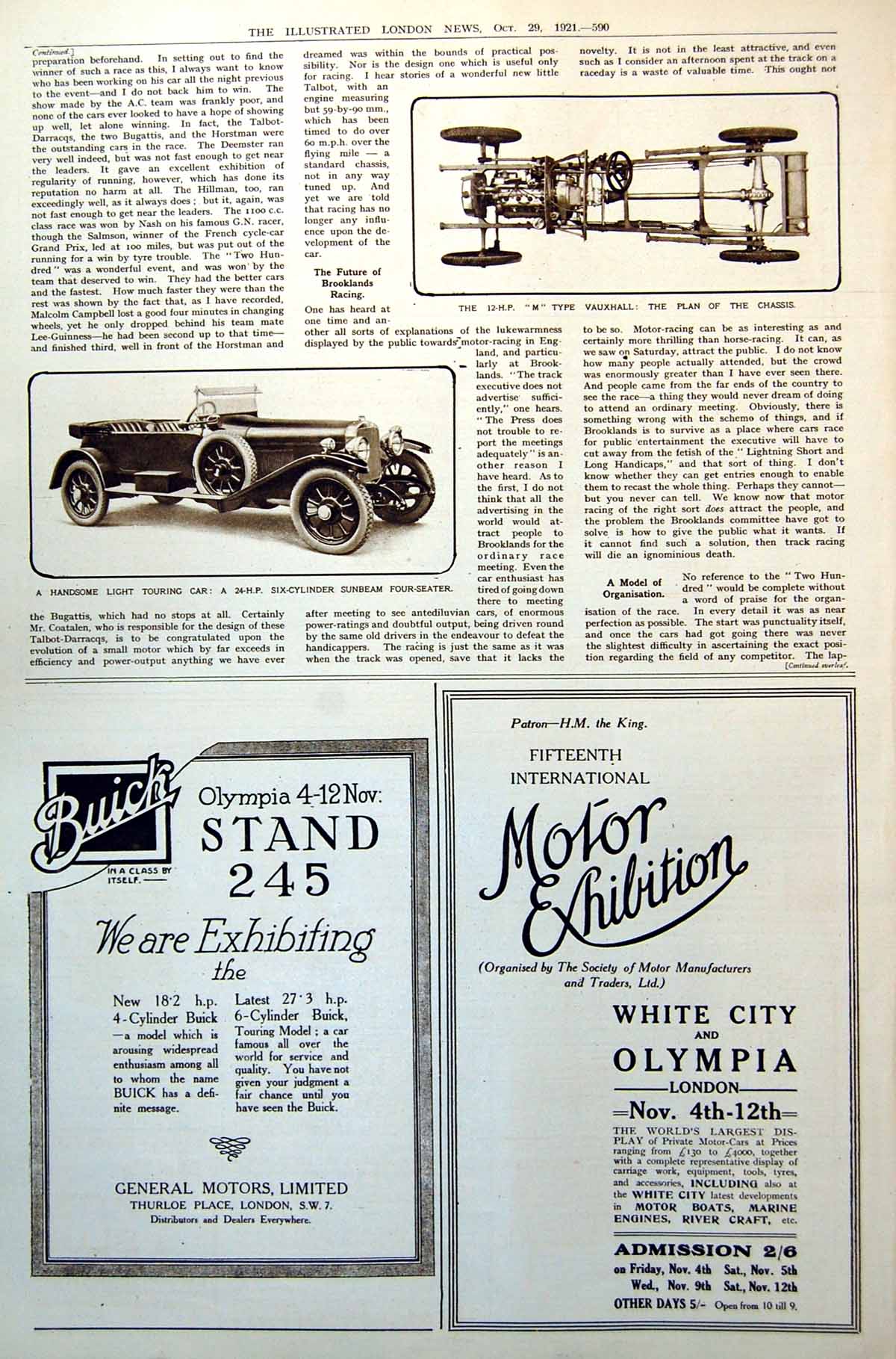 Old Print M Type Vauxhall Plan Chassis Six-Cylinder SunbeamSeater 1921