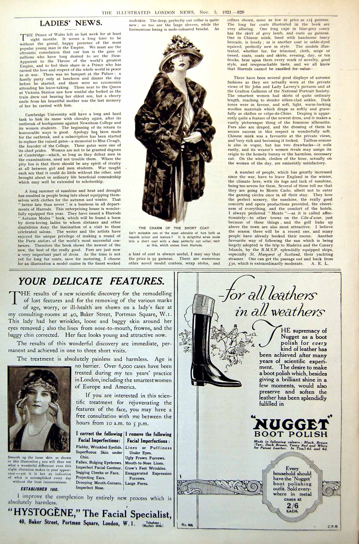 Old Print Ladies News Charm Short Coat Moleskin Harrods Deep Collar 1921 20th