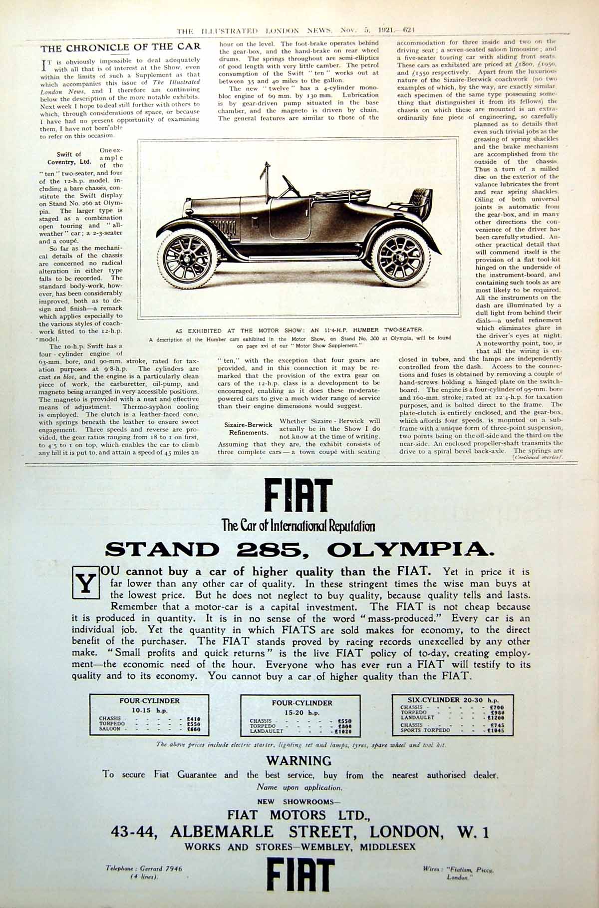 Antique Old Print Humber Two Seater As Exhibited At The Motor Show Car 1921