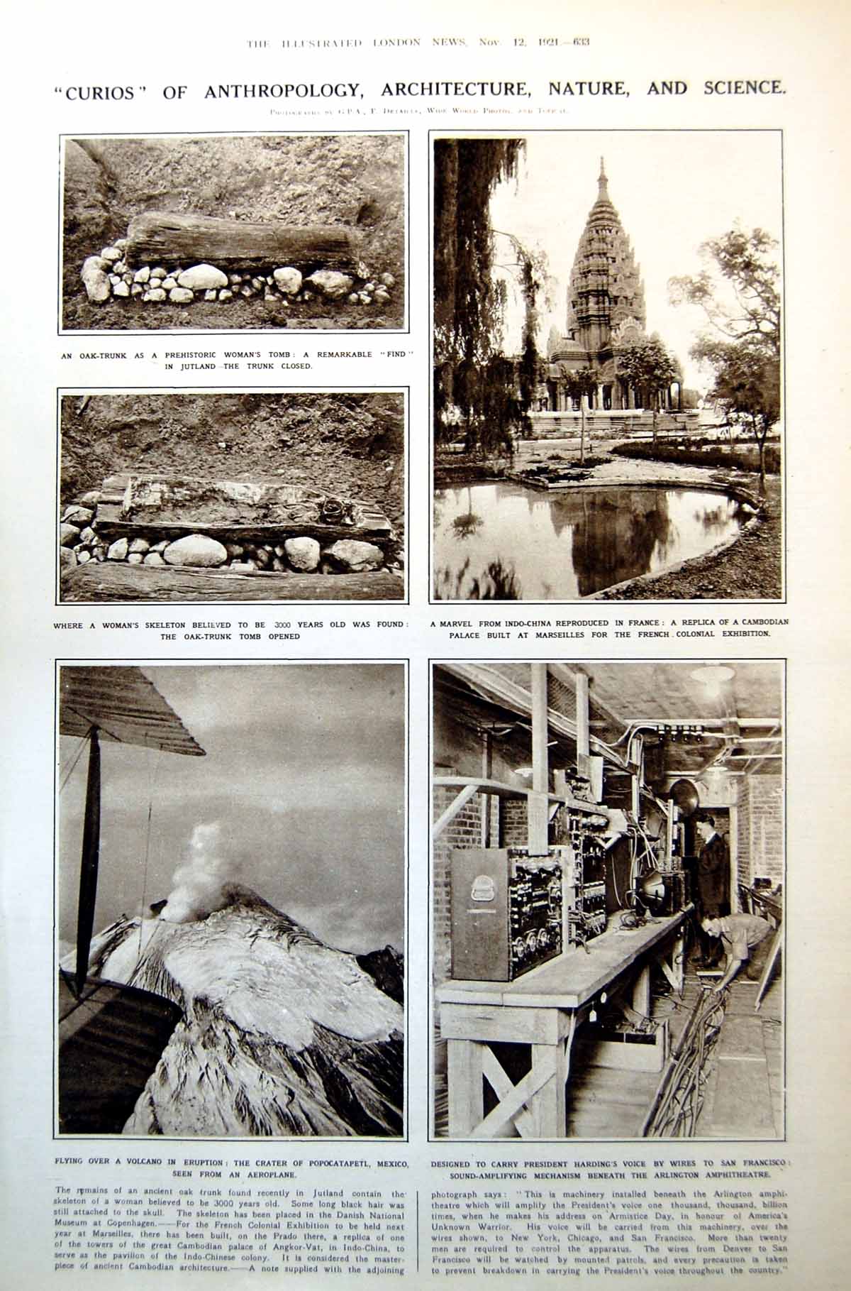 Antique Old Print Crater Popocatapetl Mexico Jutland Tomb War Memorials 1921
