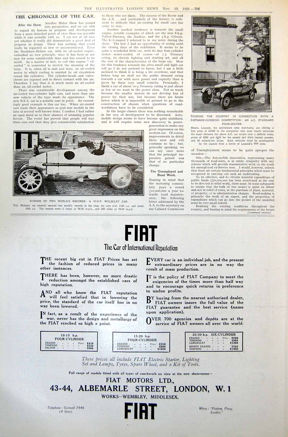 Antique Print Ac StandardSeater Car Wolseley WinnerWorld Records 1921