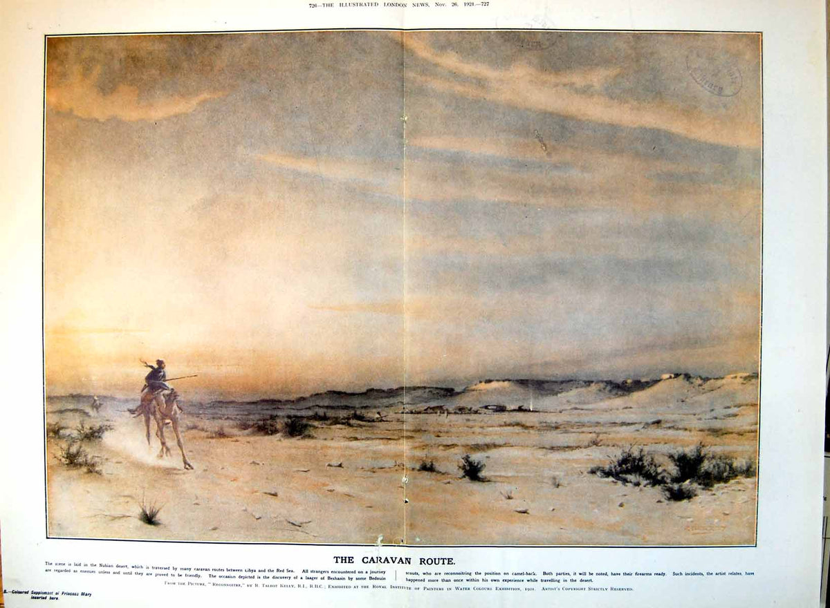 Antique Old Print The Caravan Route Desert Scene Man Camel Reconnoitre 1921