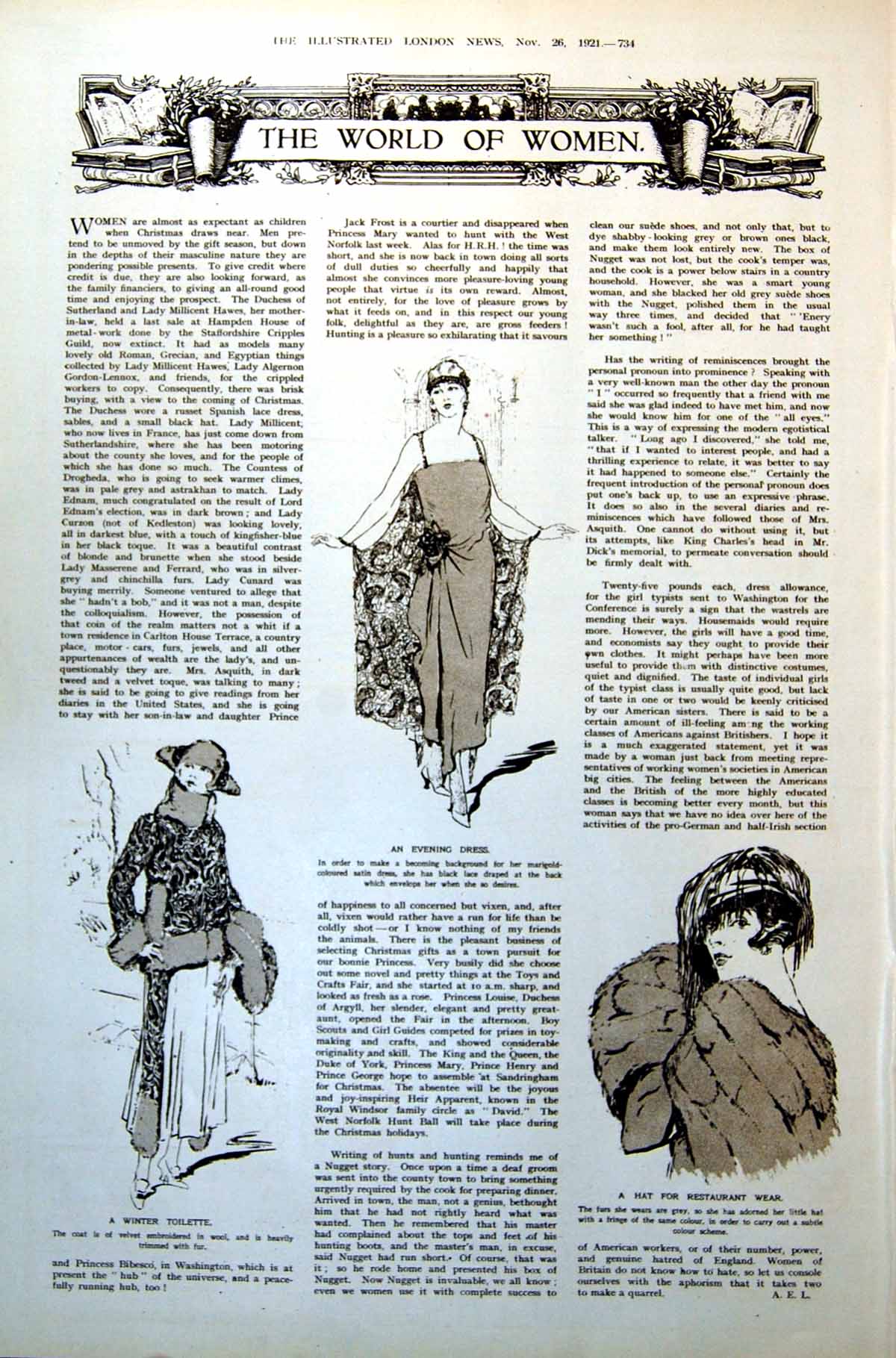Antique Print World Women Winter Toilette Evening Dress Hat Restaurant 1921